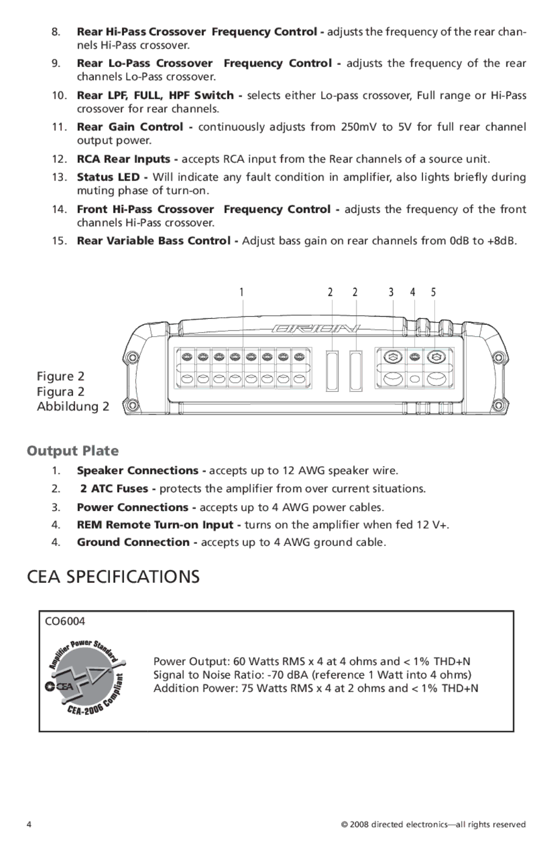 Orion Car Audio CO6004 owner manual CEA Specifications, Output Plate 