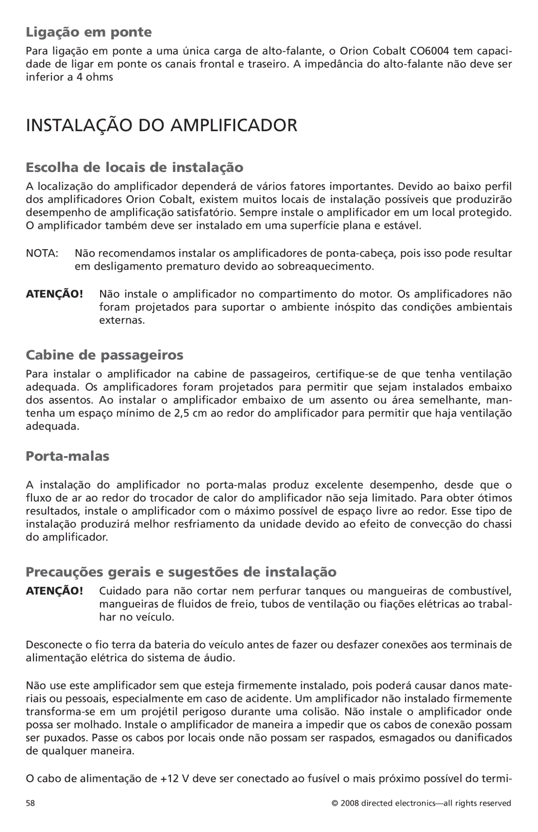 Orion Car Audio CO6004 owner manual Instalação do Amplificador 