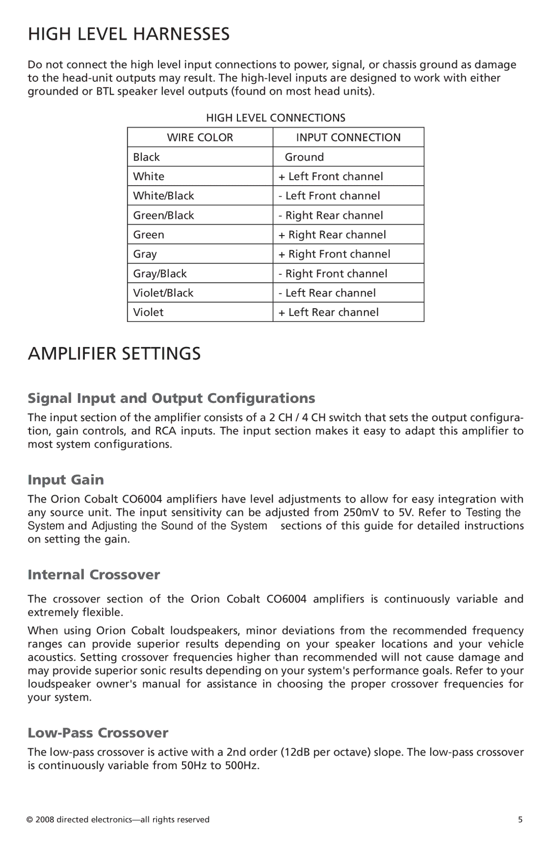 Orion Car Audio CO6004 owner manual High Level Harnesses, Amplifier Settings 