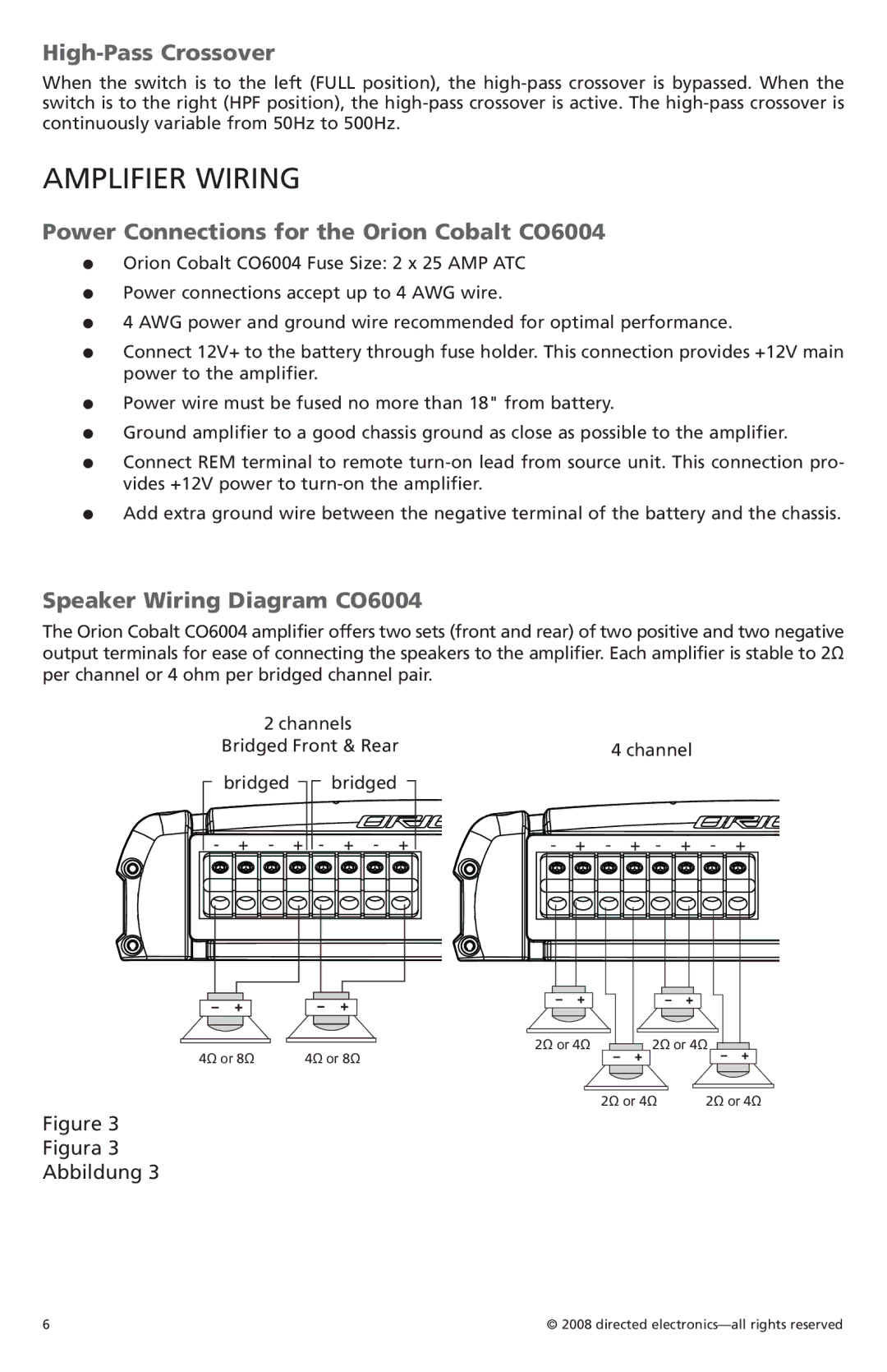 Orion Car Audio owner manual Amplifier Wiring, High-Pass Crossover, Power Connections for the Orion Cobalt CO6004 