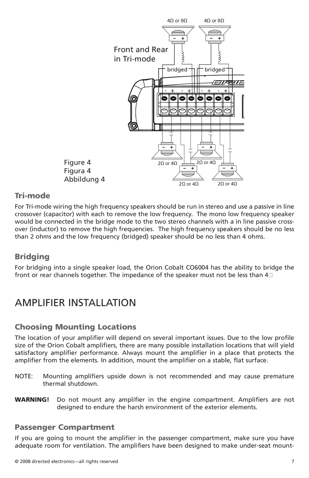 Orion Car Audio CO6004 Amplifier Installation, Tri-mode, Bridging, Choosing Mounting Locations, Passenger Compartment 