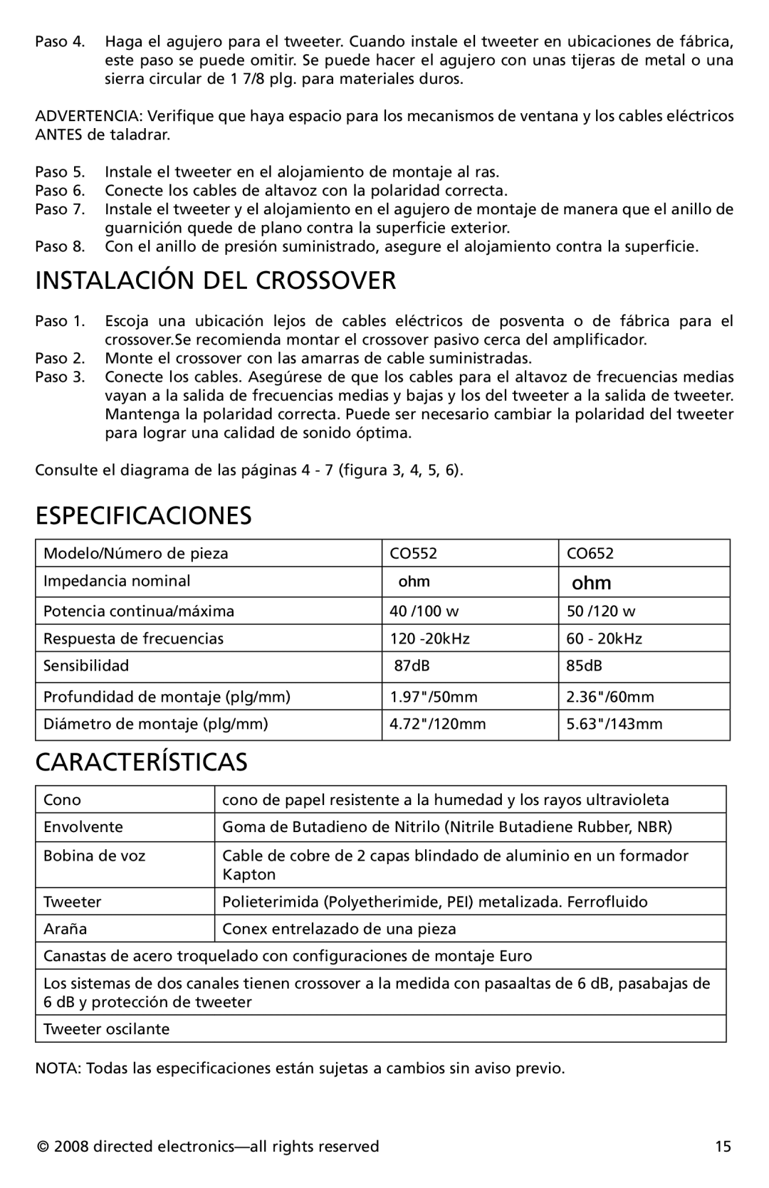 Orion Car Audio CO652, CO552 owner manual Instalación DEL Crossover, Especificaciones, Características 