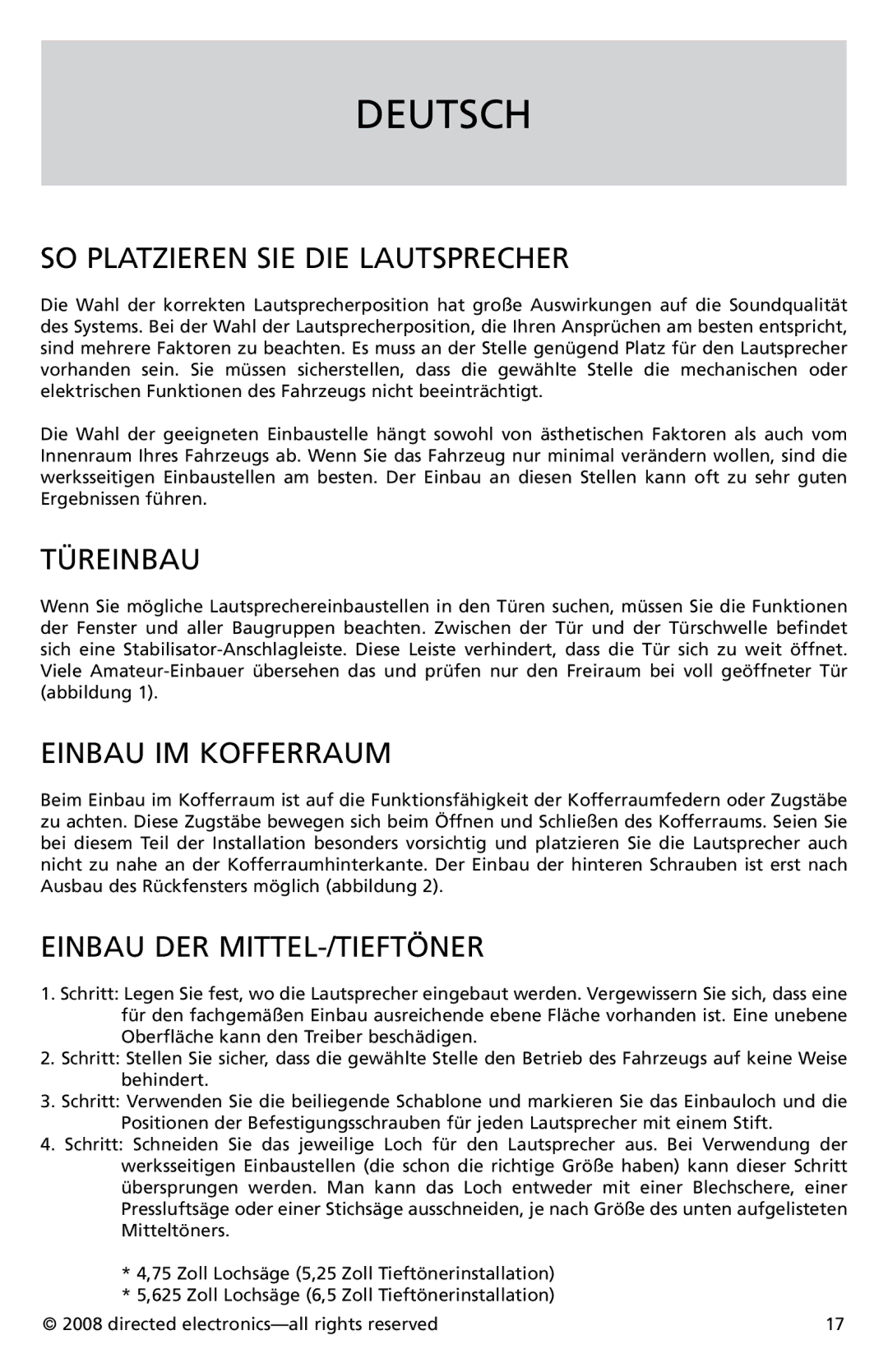 Orion Car Audio CO652, CO552 owner manual Deutsch, SO Platzieren SIE DIE Lautsprecher, Türeinbau, Einbau IM Kofferraum 