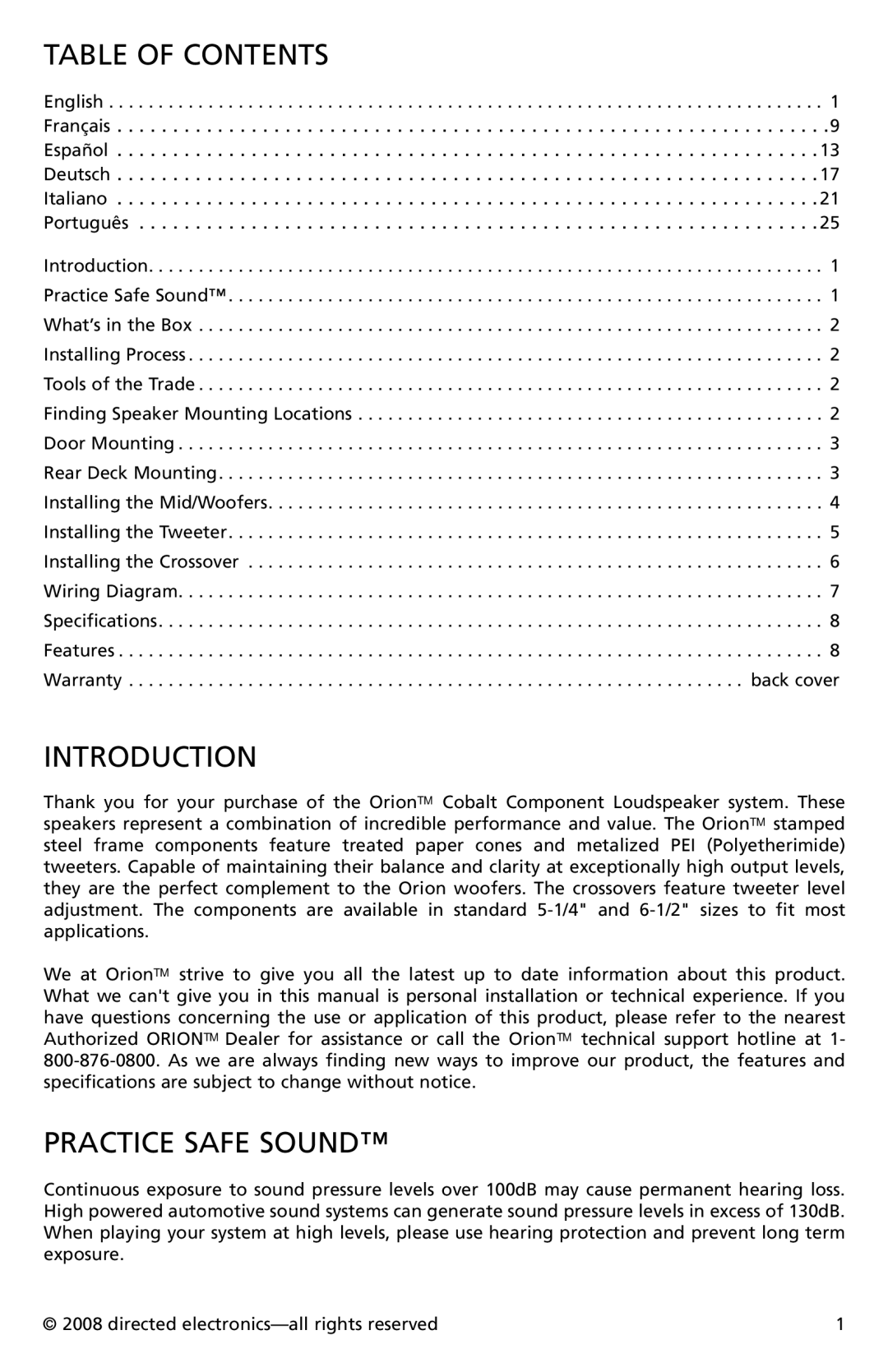 Orion Car Audio CO652, CO552 owner manual Table of Contents, Introduction, Practice Safe Sound 