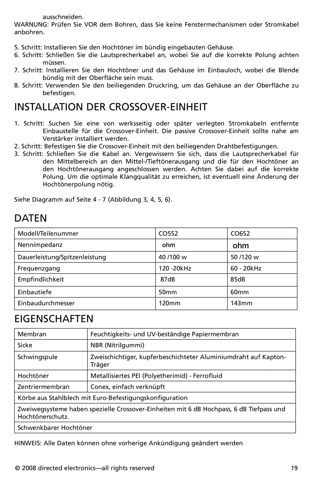 Orion Car Audio CO652, CO552 owner manual Installation DER CROSSOVER-EINHEIT, Daten, Eigenschaften 