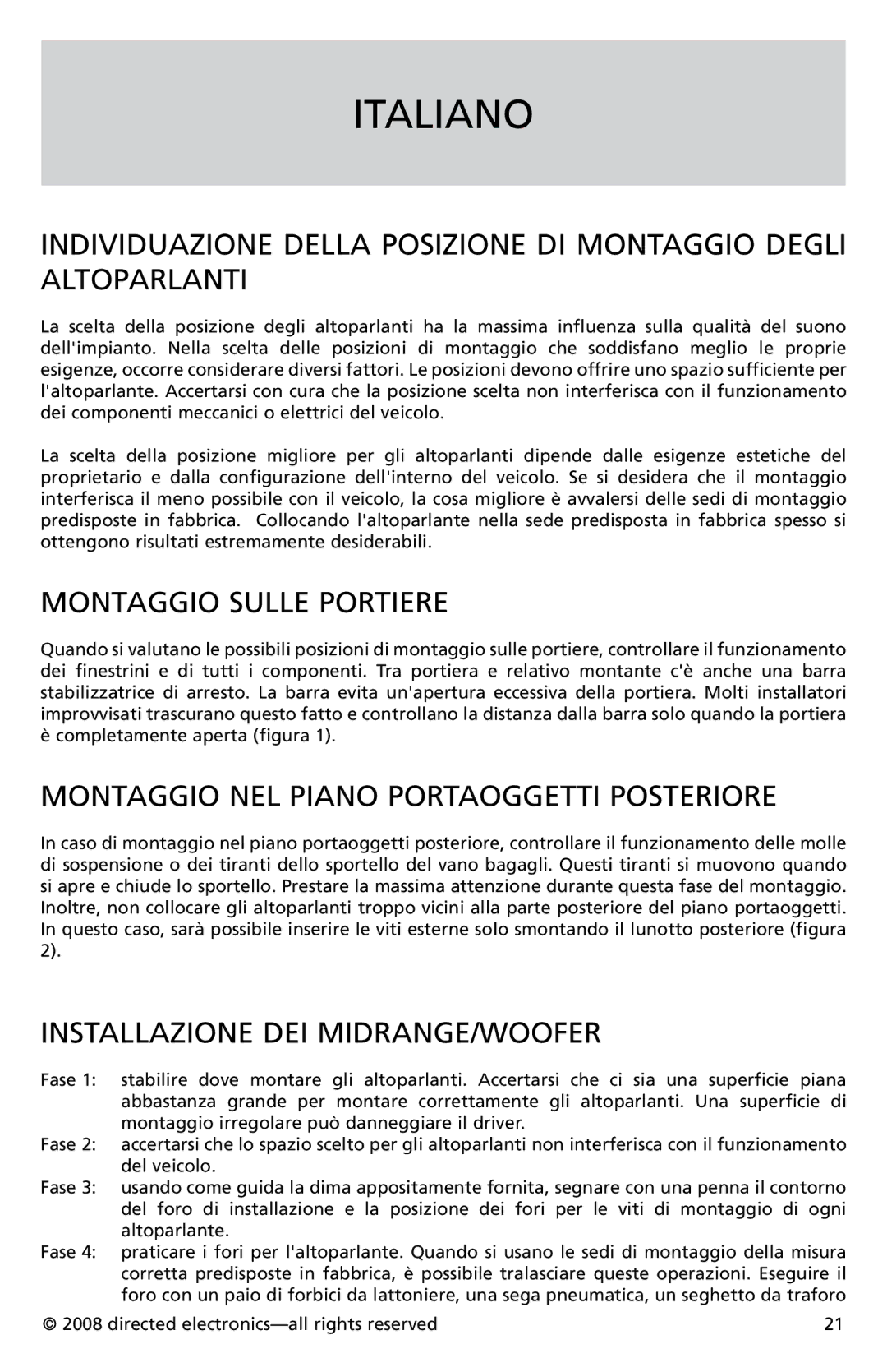 Orion Car Audio CO652, CO552 owner manual Italiano, Montaggio Sulle Portiere, Montaggio NEL Piano Portaoggetti Posteriore 