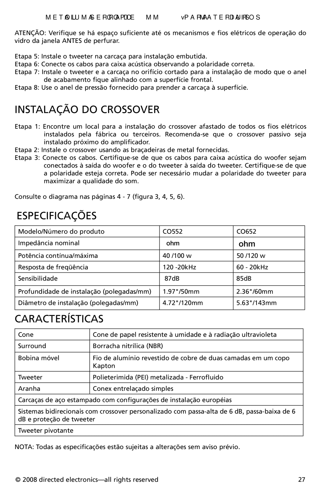 Orion Car Audio CO652, CO552 owner manual Instalação do Crossover, Especificações 