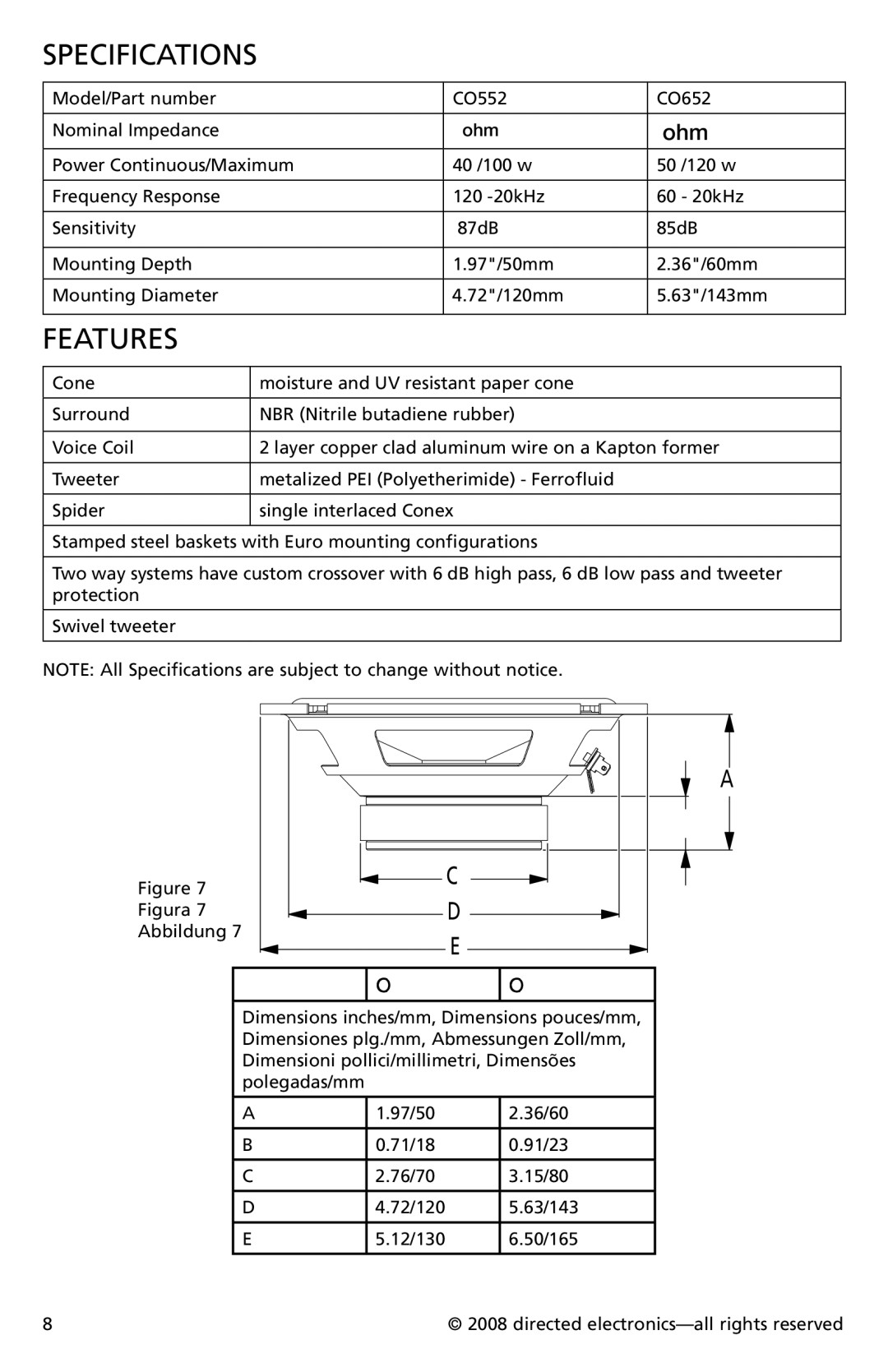 Orion Car Audio CO552, CO652 owner manual Specifications, Features 