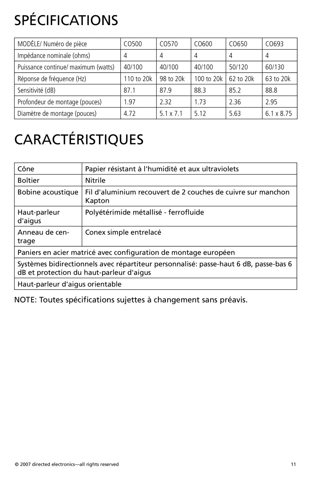 Orion Car Audio CO690, CO600, CO650, CO570 owner manual Spécifications, Caractéristiques 