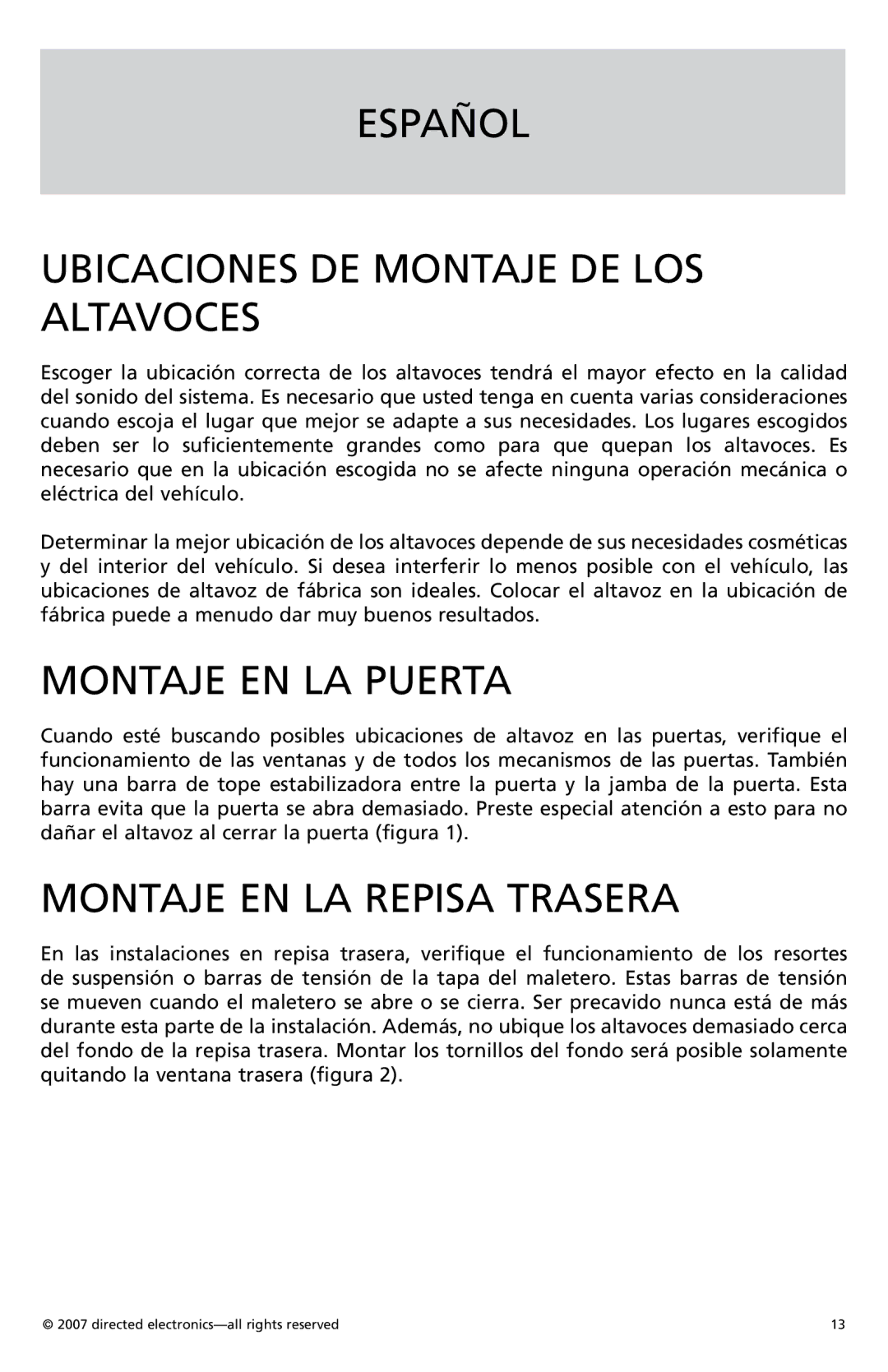 Orion Car Audio CO650 Español Ubicaciones DE Montaje DE LOS Altavoces, Montaje EN LA Puerta, Montaje EN LA Repisa Trasera 