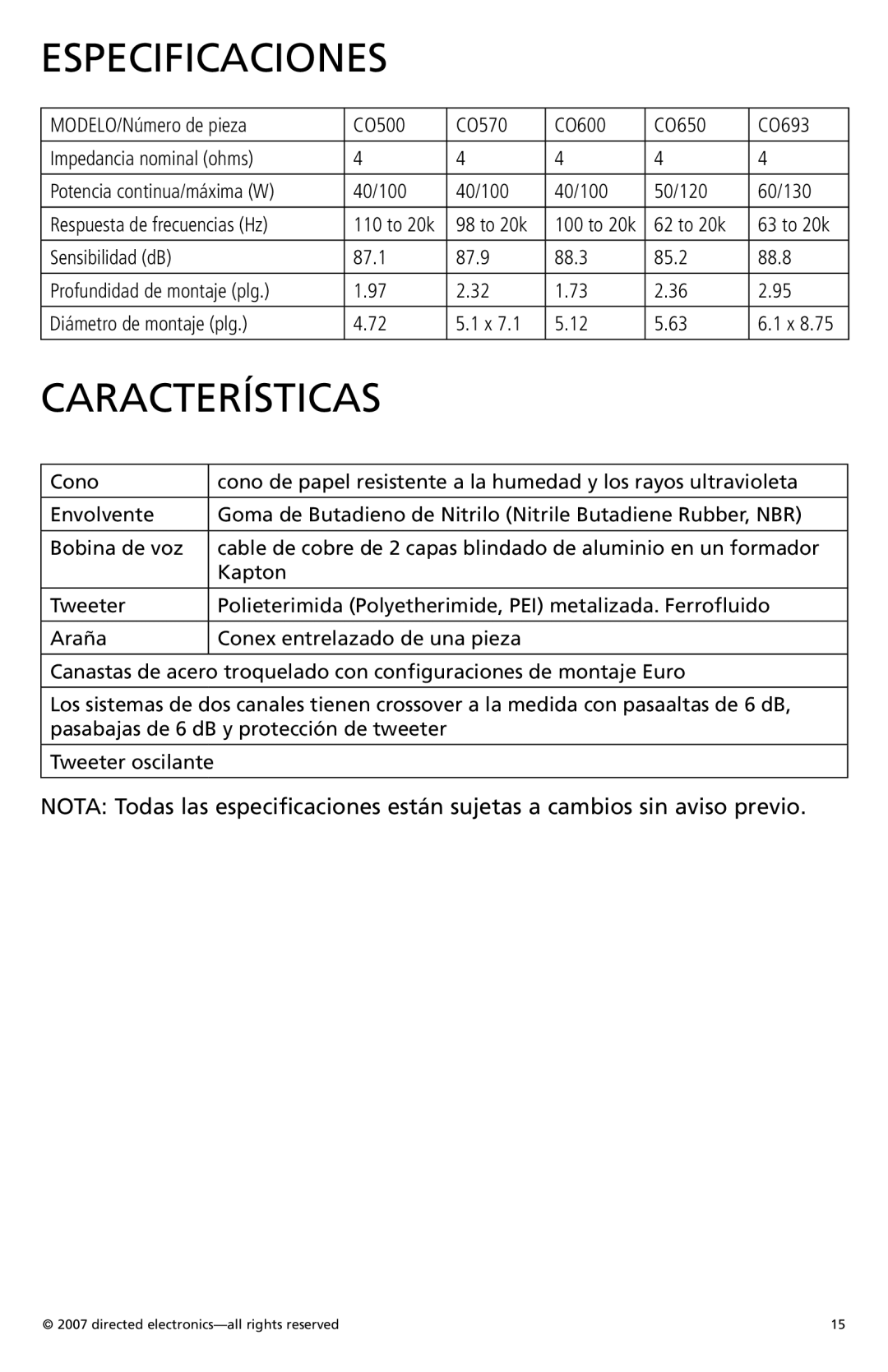 Orion Car Audio CO690, CO600, CO650, CO570 owner manual Especificaciones, Características 