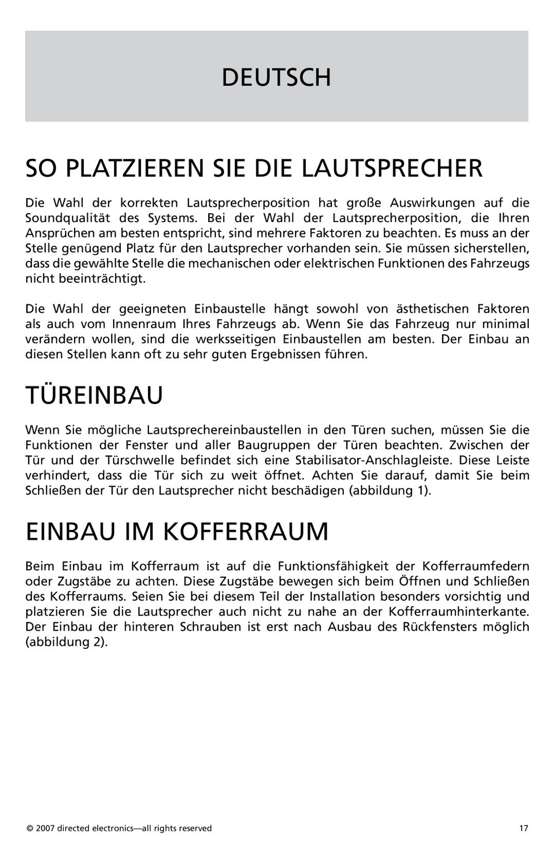 Orion Car Audio CO650, CO690, CO600, CO570 Deutsch SO Platzieren SIE DIE Lautsprecher, Türeinbau, Einbau IM Kofferraum 