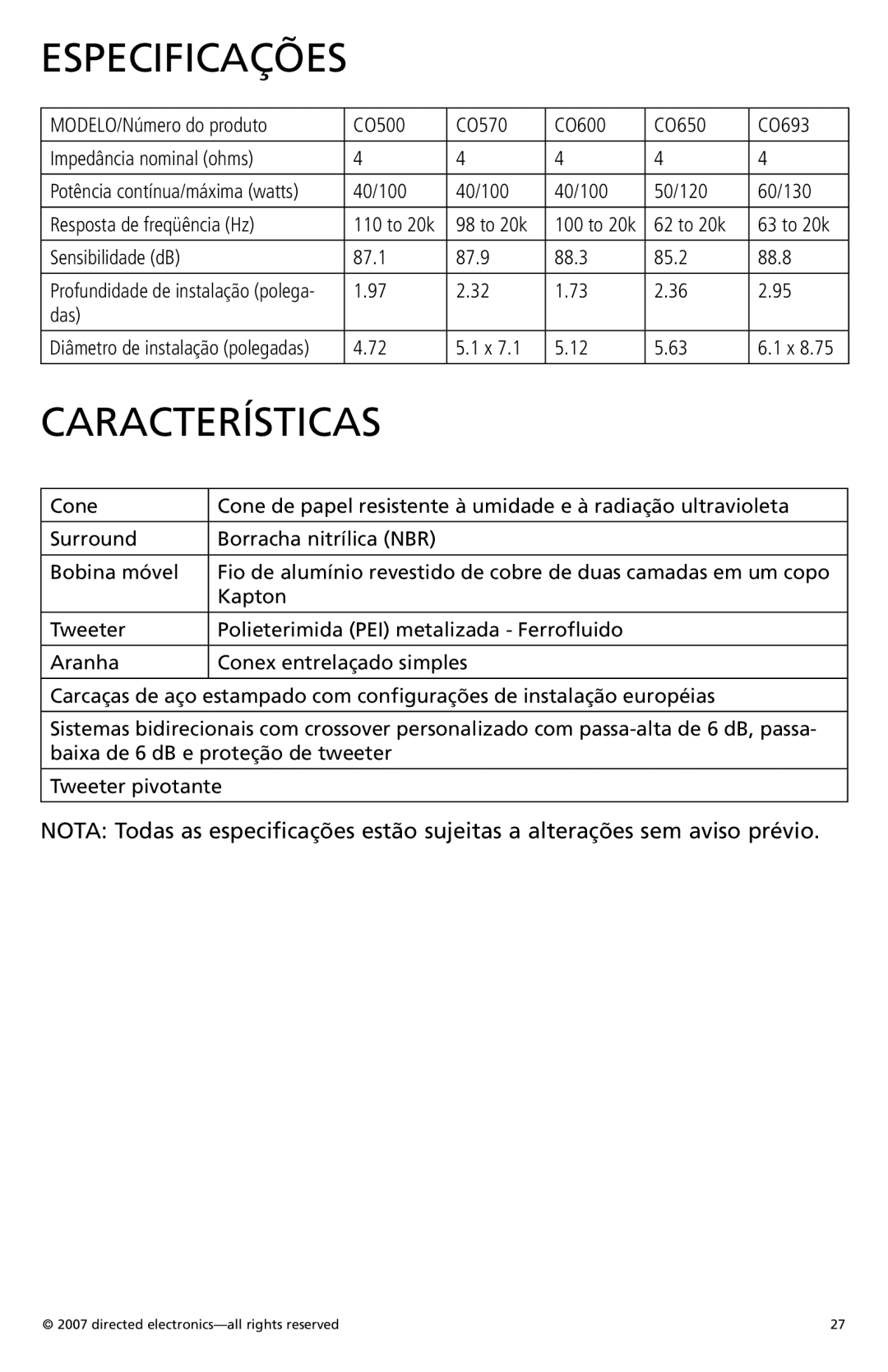 Orion Car Audio CO690, CO600, CO650, CO570 owner manual Especificações, Características 