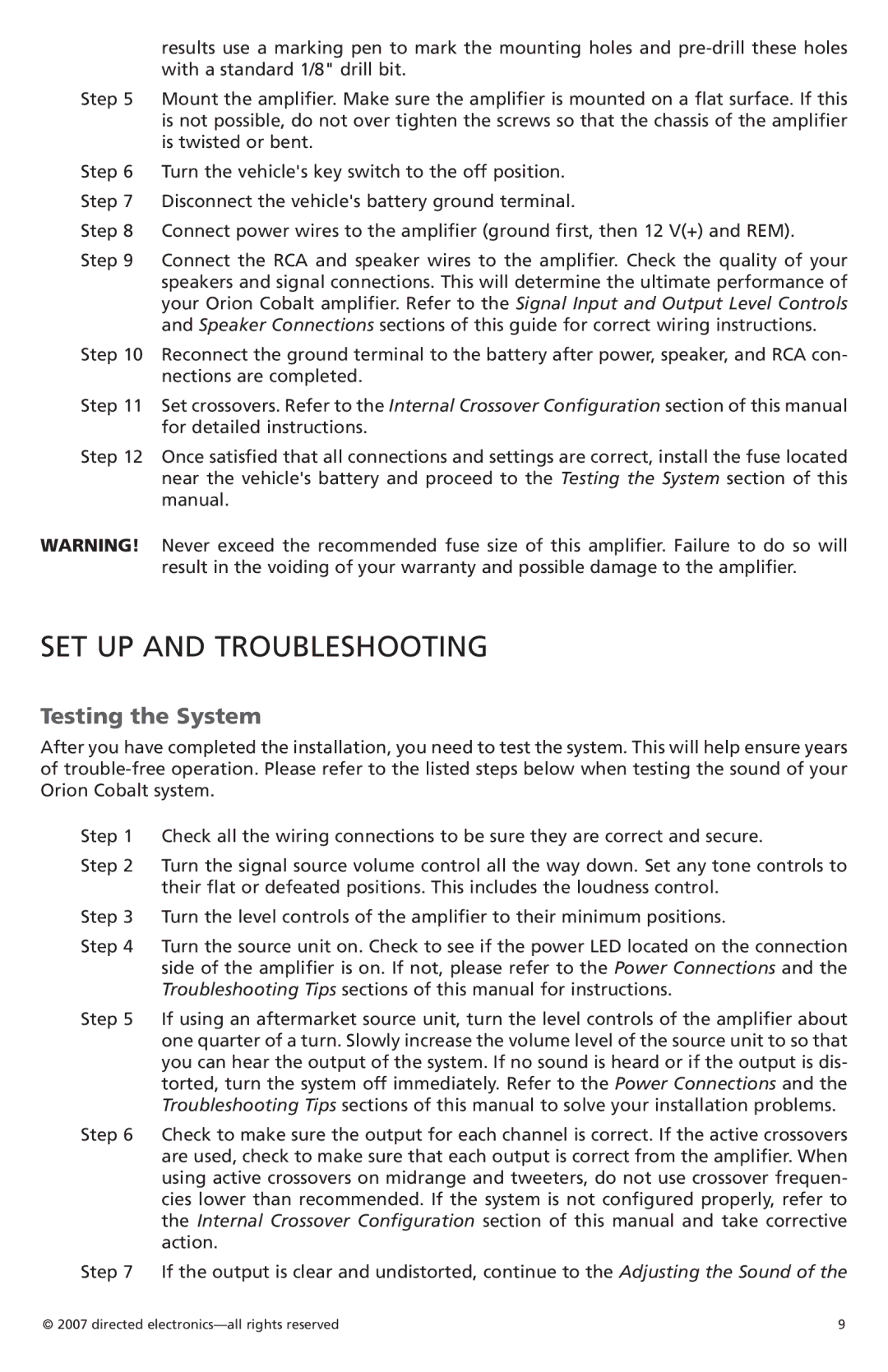 Orion Car Audio CO800.1, CO500.1 owner manual Set Up and Troubleshooting, Testing the System 