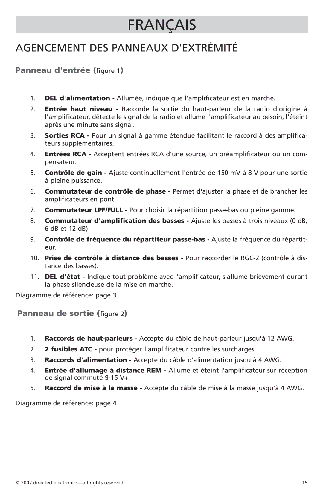 Orion Car Audio CO800.1, CO500.1 Agencement DES Panneaux Dextrémité, Panneau dentrée figure, Panneau de sortie figure 