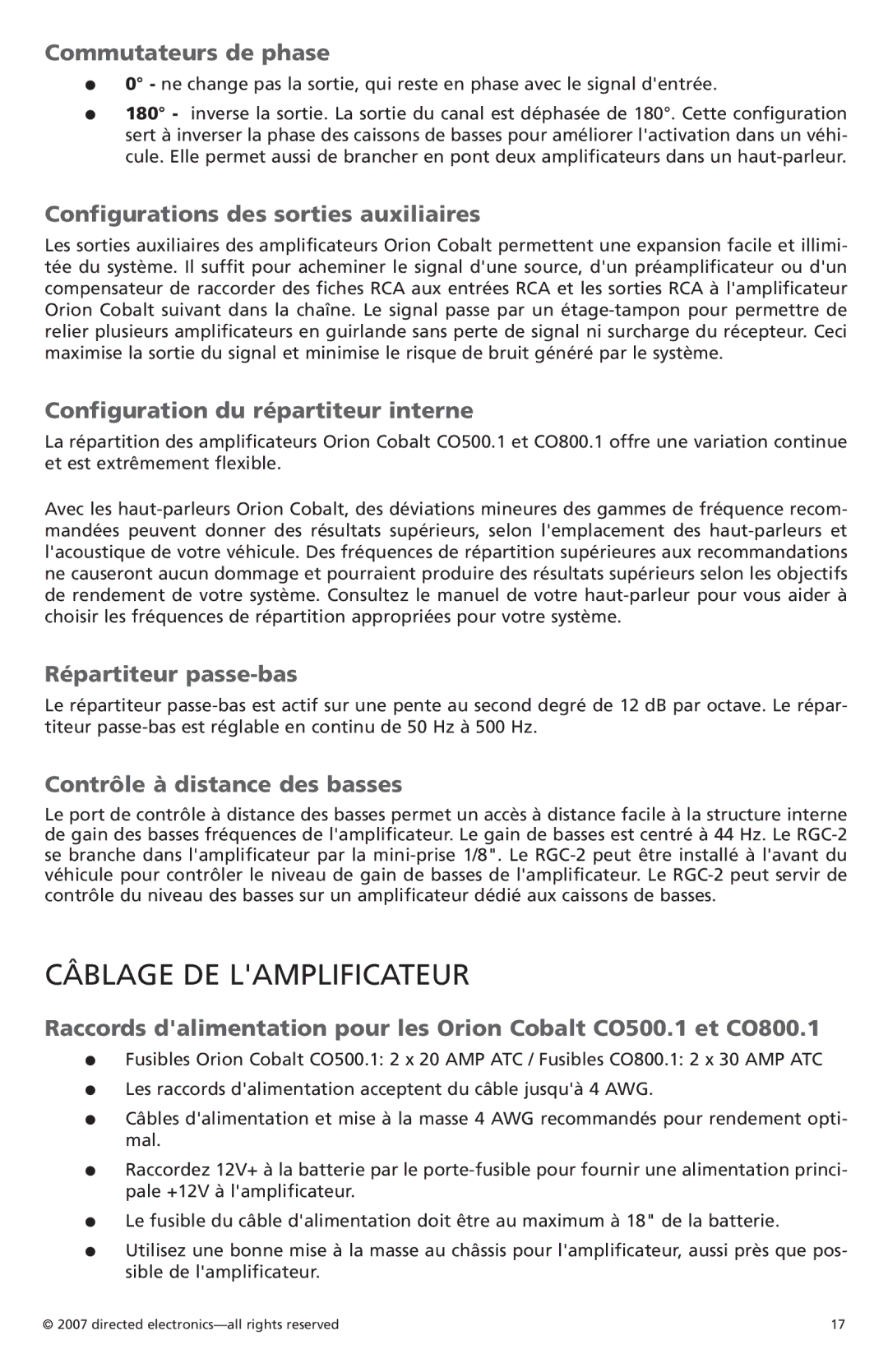 Orion Car Audio CO800.1, CO500.1 owner manual Câblage DE Lamplificateur 