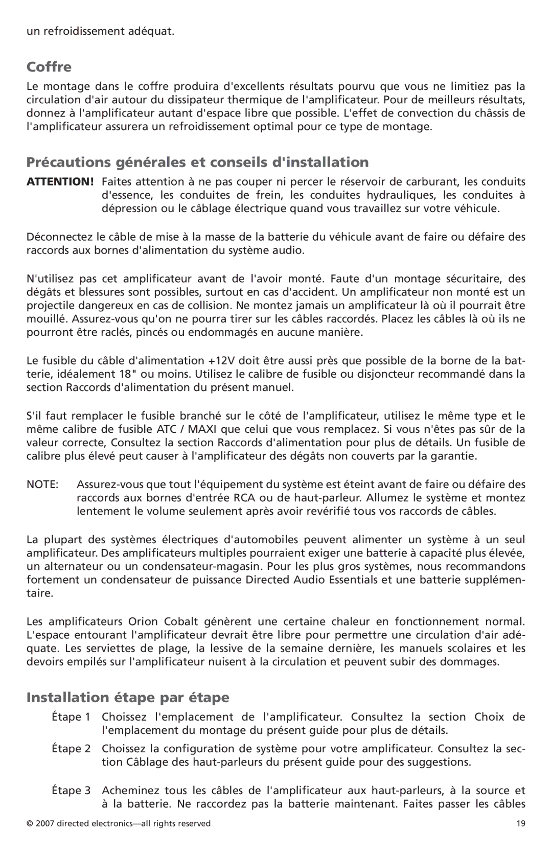 Orion Car Audio CO800.1, CO500.1 Coffre, Précautions générales et conseils dinstallation, Installation étape par étape 