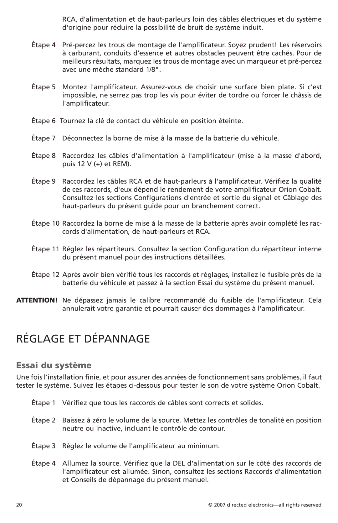 Orion Car Audio CO500.1, CO800.1 owner manual Réglage ET Dépannage, Essai du système 