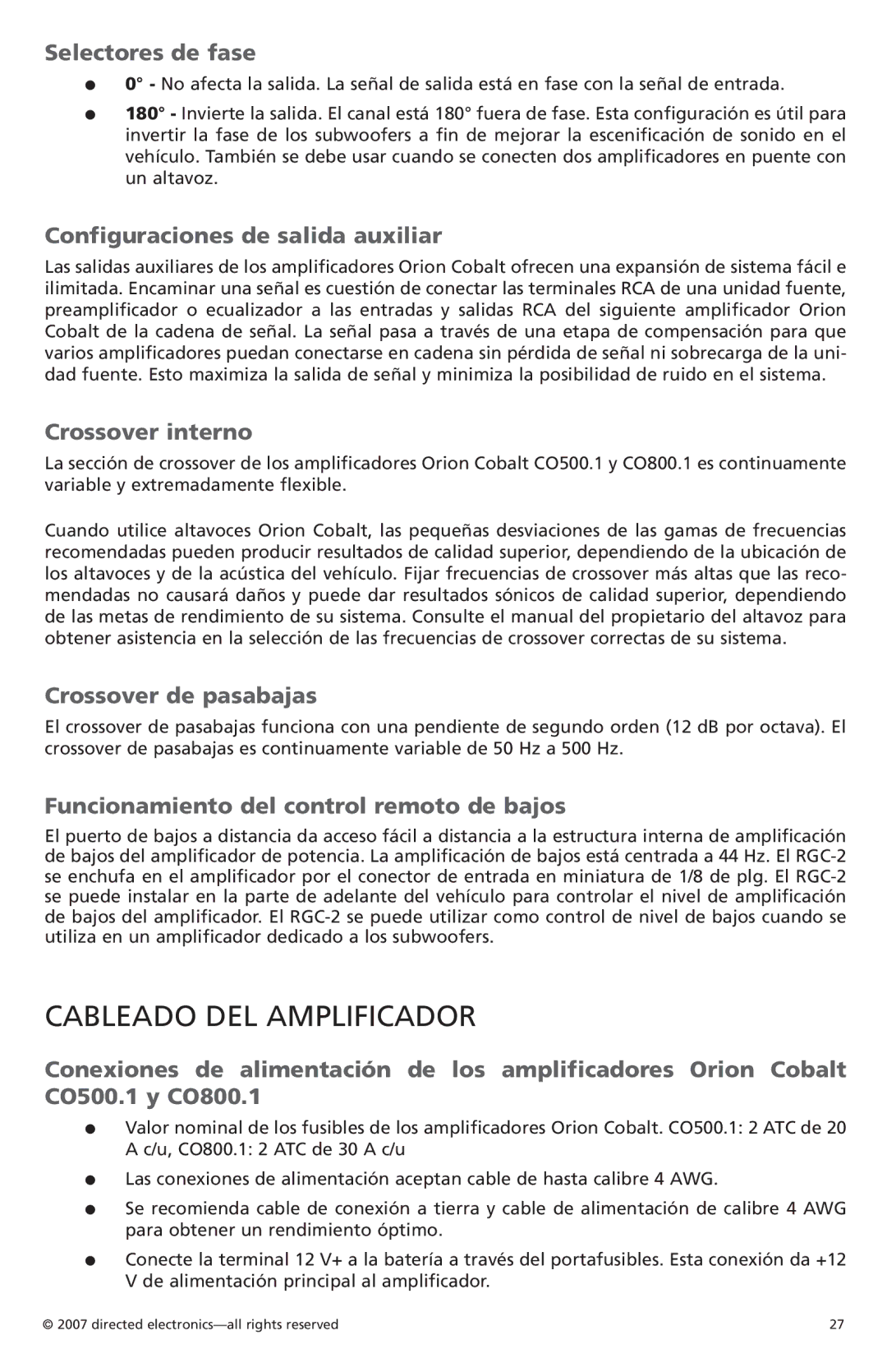 Orion Car Audio CO800.1, CO500.1 owner manual Cableado del amplificador 