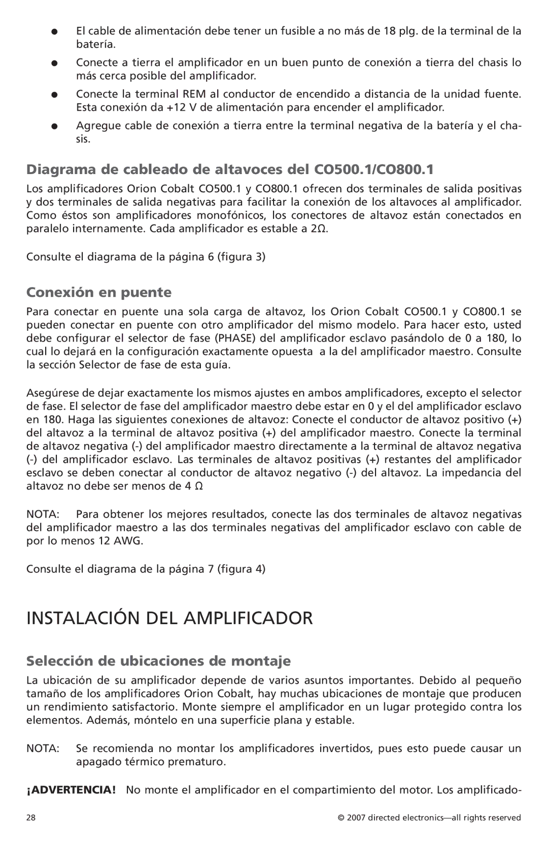 Orion Car Audio Instalación del amplificador, Diagrama de cableado de altavoces del CO500.1/CO800.1, Conexión en puente 