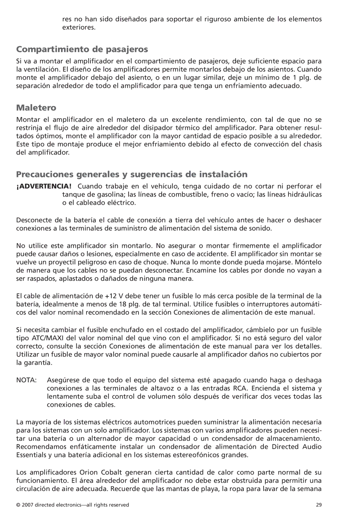 Orion Car Audio CO800.1 Compartimiento de pasajeros, Maletero, Precauciones generales y sugerencias de instalación 