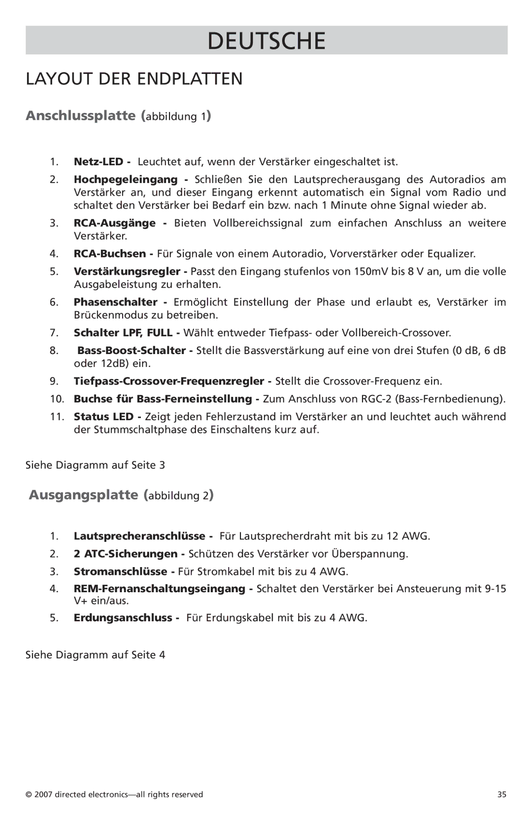 Orion Car Audio CO800.1, CO500.1 owner manual Layout DER Endplatten, Anschlussplatte abbildung, Ausgangsplatte abbildung 