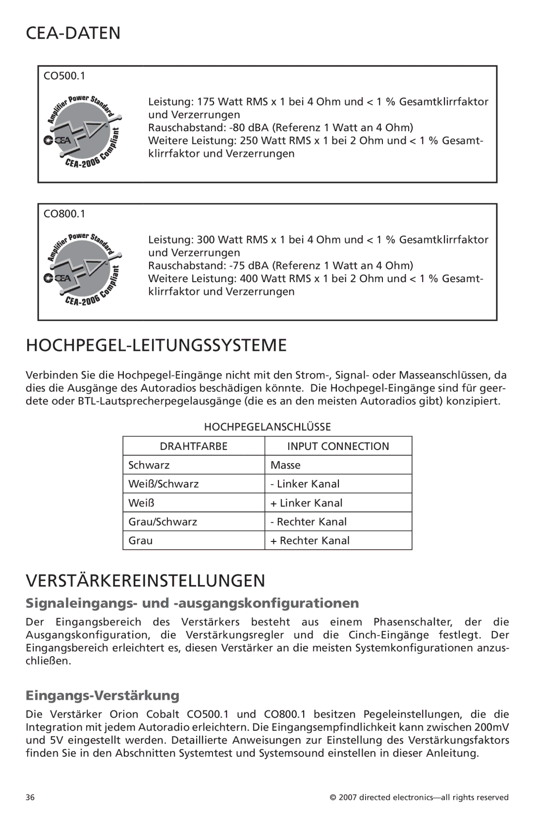 Orion Car Audio CO500.1, CO800.1 Cea-Daten, Hochpegel-Leitungssysteme, Verstärkereinstellungen, Eingangs-Verstärkung 