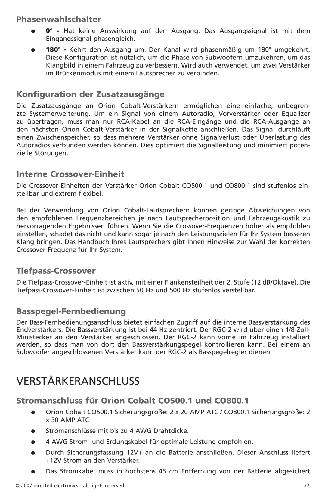 Orion Car Audio CO800.1, CO500.1 owner manual Verstärkeranschluss 