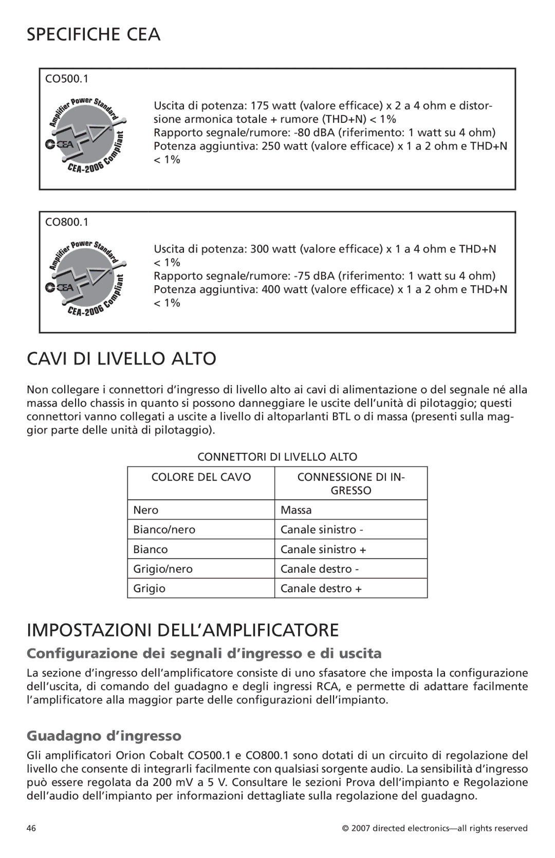 Orion Car Audio CO500.1 Specifiche CEA, Cavi DI Livello Alto, Impostazioni dell’amplificatore, Guadagno d’ingresso 