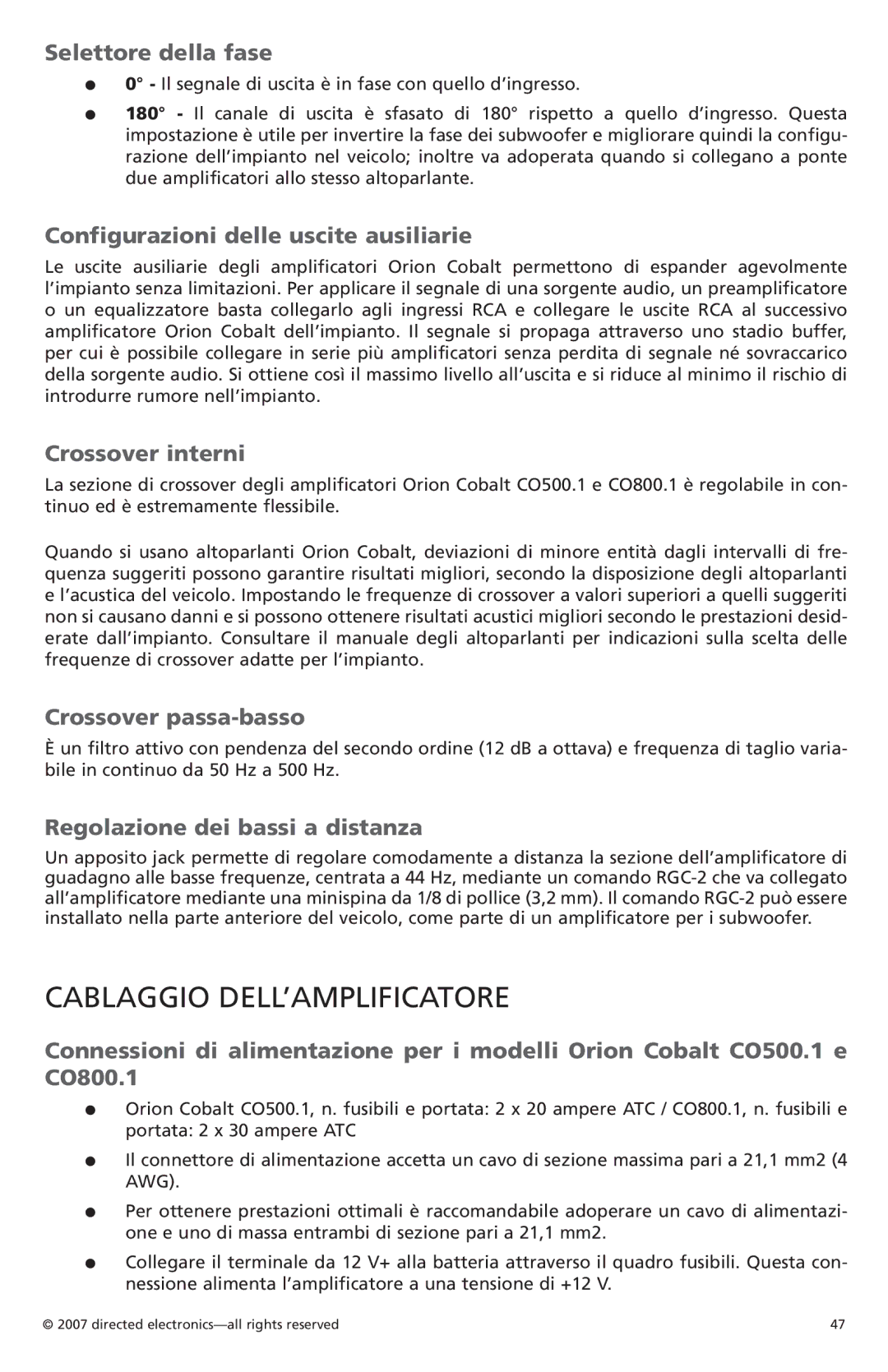 Orion Car Audio CO800.1, CO500.1 owner manual Cablaggio dell’amplificatore 