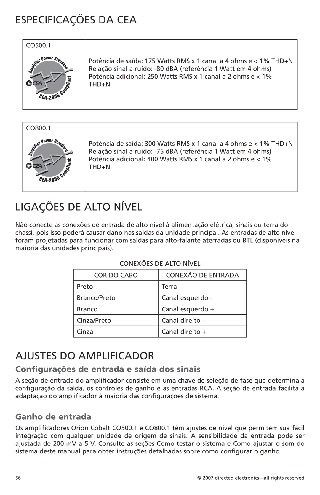 Orion Car Audio CO500.1, CO800.1 Especificações da CEA, Ligações DE Alto Nível, Ajustes do amplificador, Ganho de entrada 