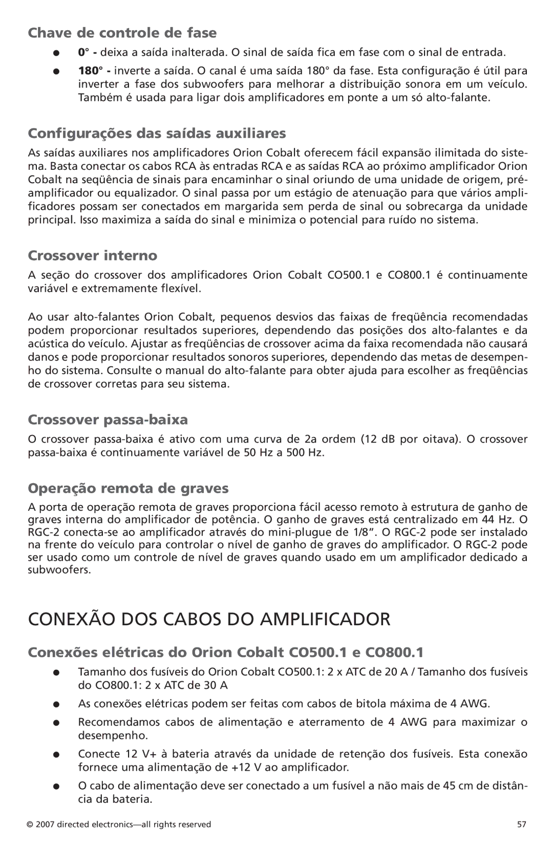 Orion Car Audio CO800.1, CO500.1 owner manual Conexão dos cabos do amplificador 