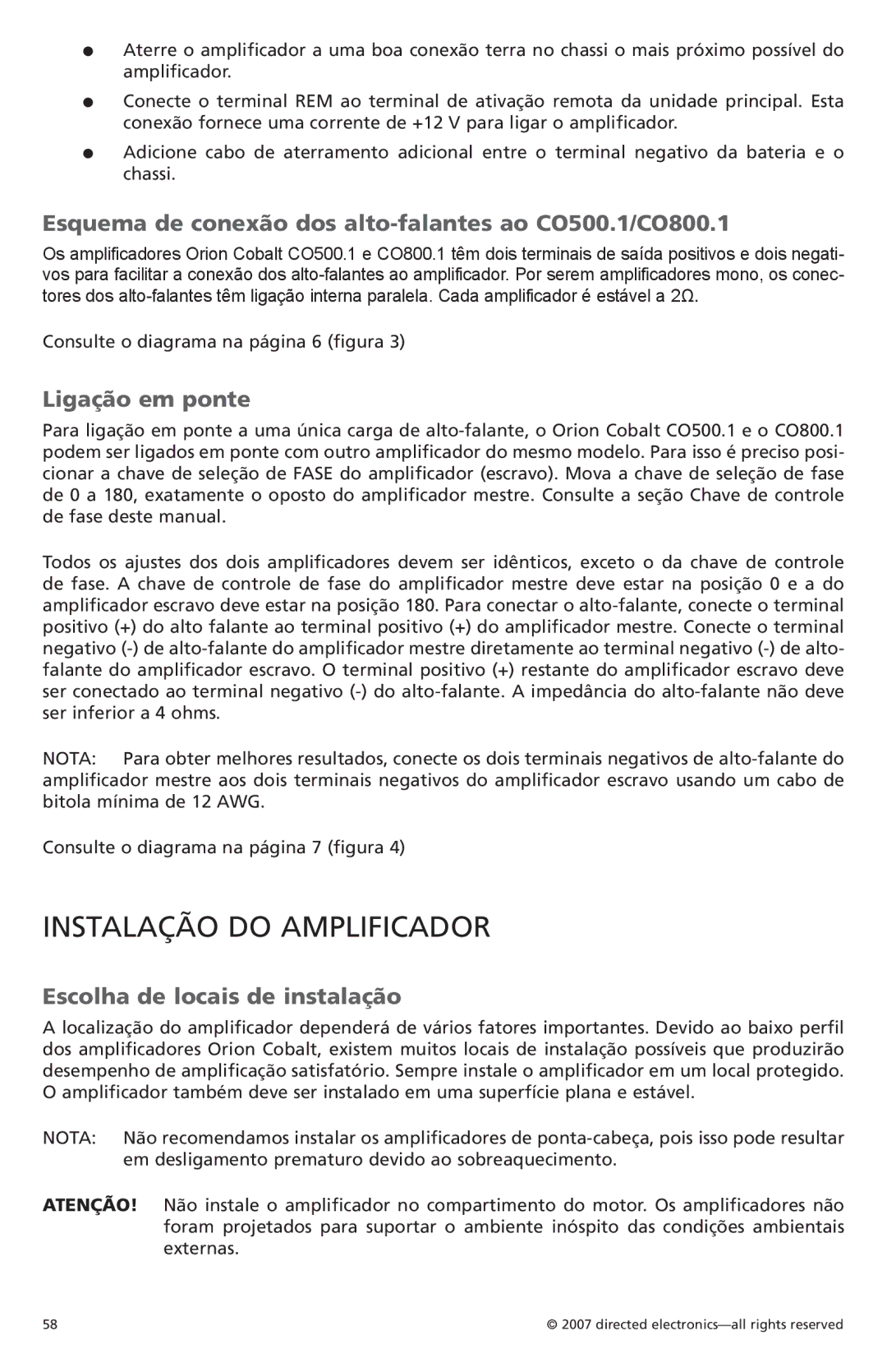 Orion Car Audio Instalação do amplificador, Esquema de conexão dos alto-falantes ao CO500.1/CO800.1, Ligação em ponte 