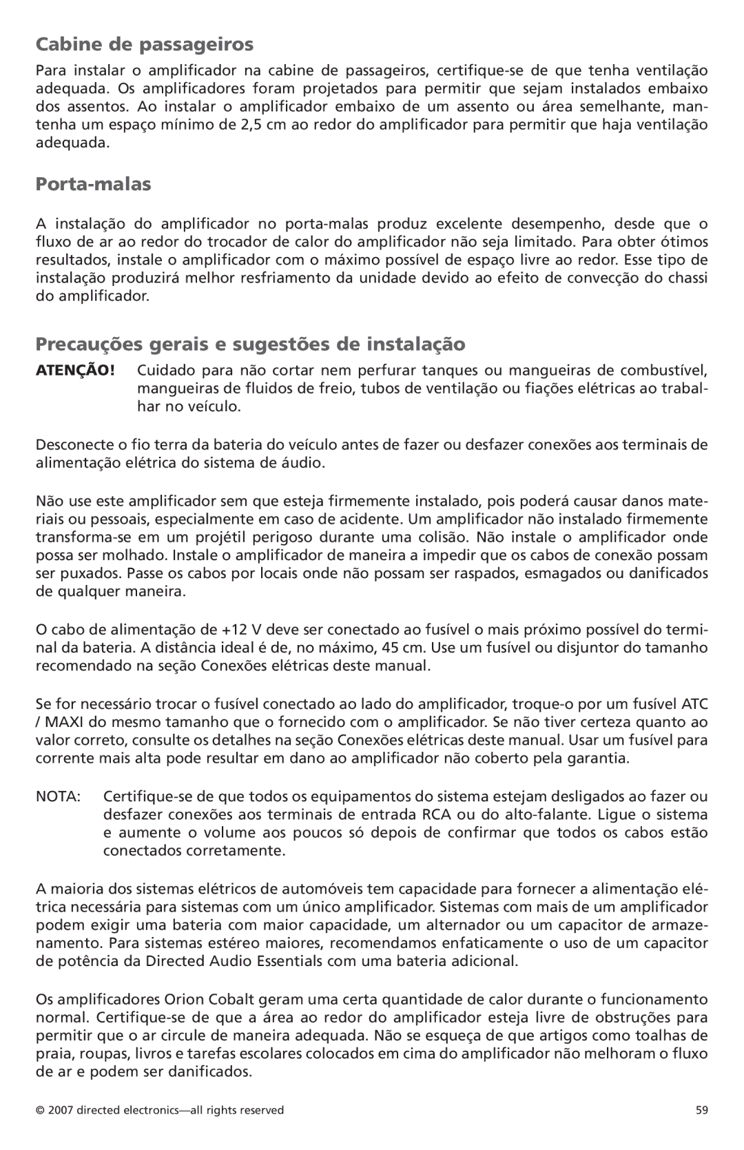 Orion Car Audio CO800.1, CO500.1 Cabine de passageiros, Porta-malas, Precauções gerais e sugestões de instalação 