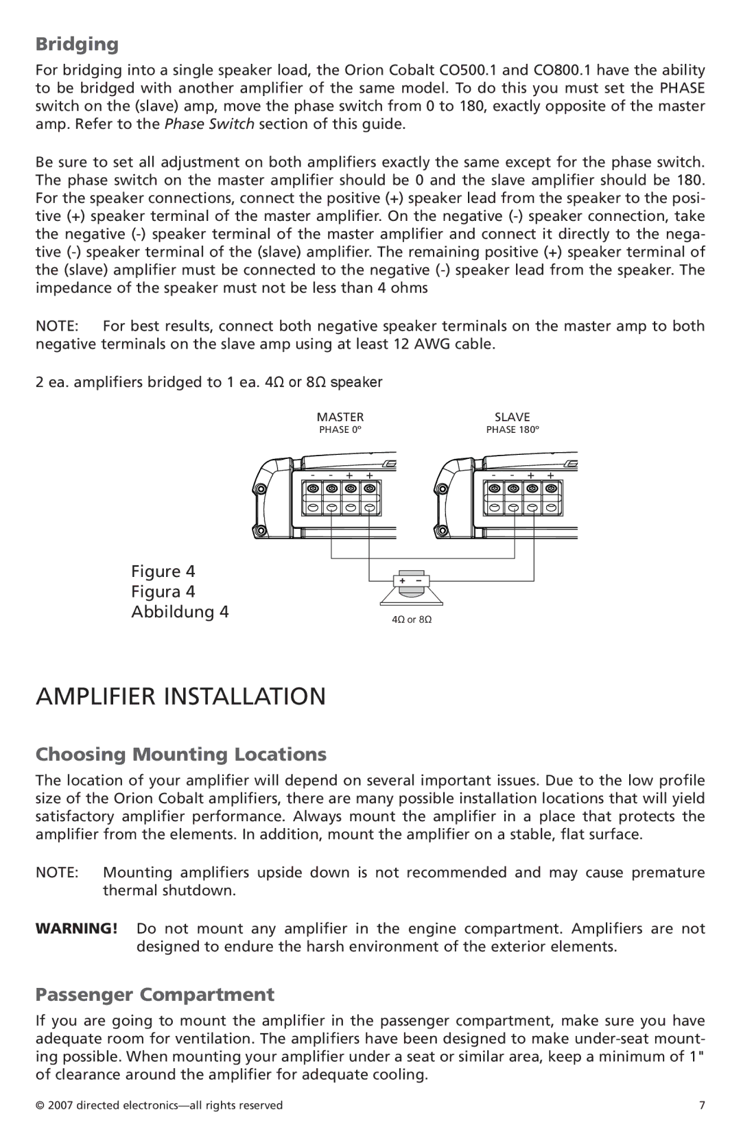 Orion Car Audio CO800.1, CO500.1 Amplifier Installation, Bridging, Choosing Mounting Locations, Passenger Compartment 