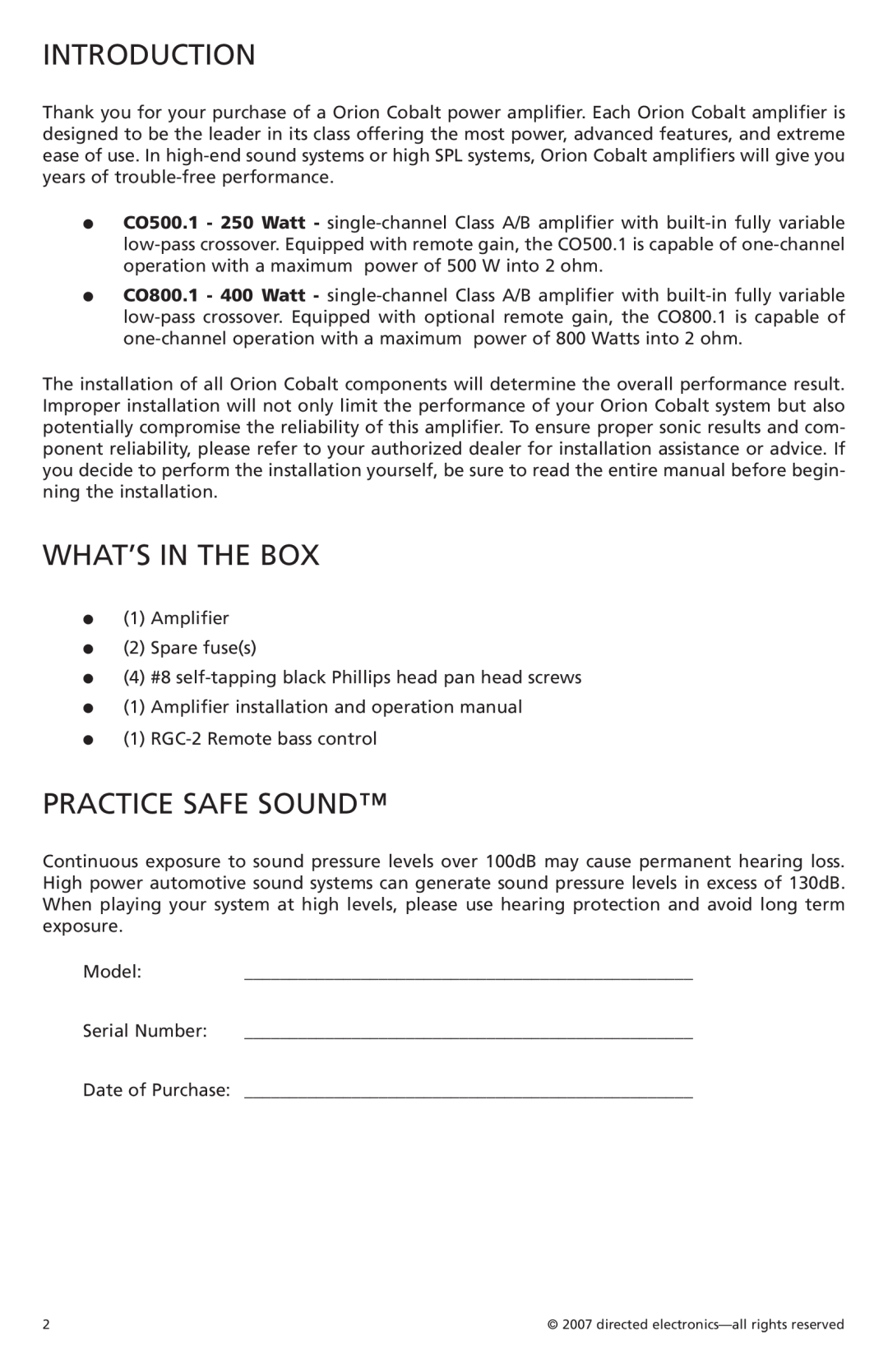 Orion Car Audio CO500.1, CO800.1 owner manual Introduction, What’S In The Box, Practice Safe Sound 