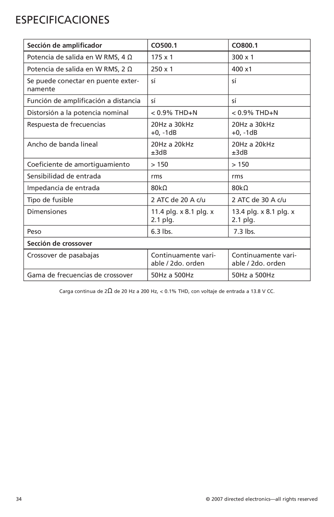 Orion Car Audio CO500.1 owner manual Especificaciones, Sección de amplificador, CO800.1, Sección de crossover 