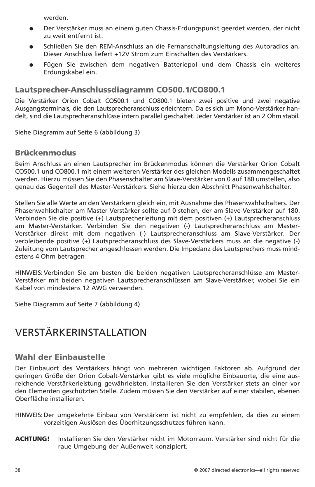 Orion Car Audio owner manual Verstärkerinstallation, Lautsprecher-Anschlussdiagramm CO500.1/CO800.1, Brückenmodus 