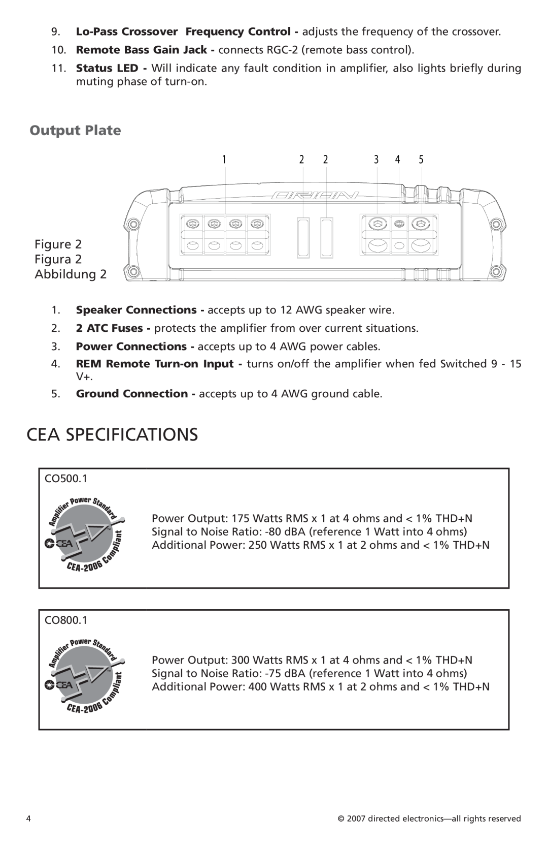 Orion Car Audio CO500.1, CO800.1 owner manual CEA Specifications, Output Plate, Figura Abbildung 