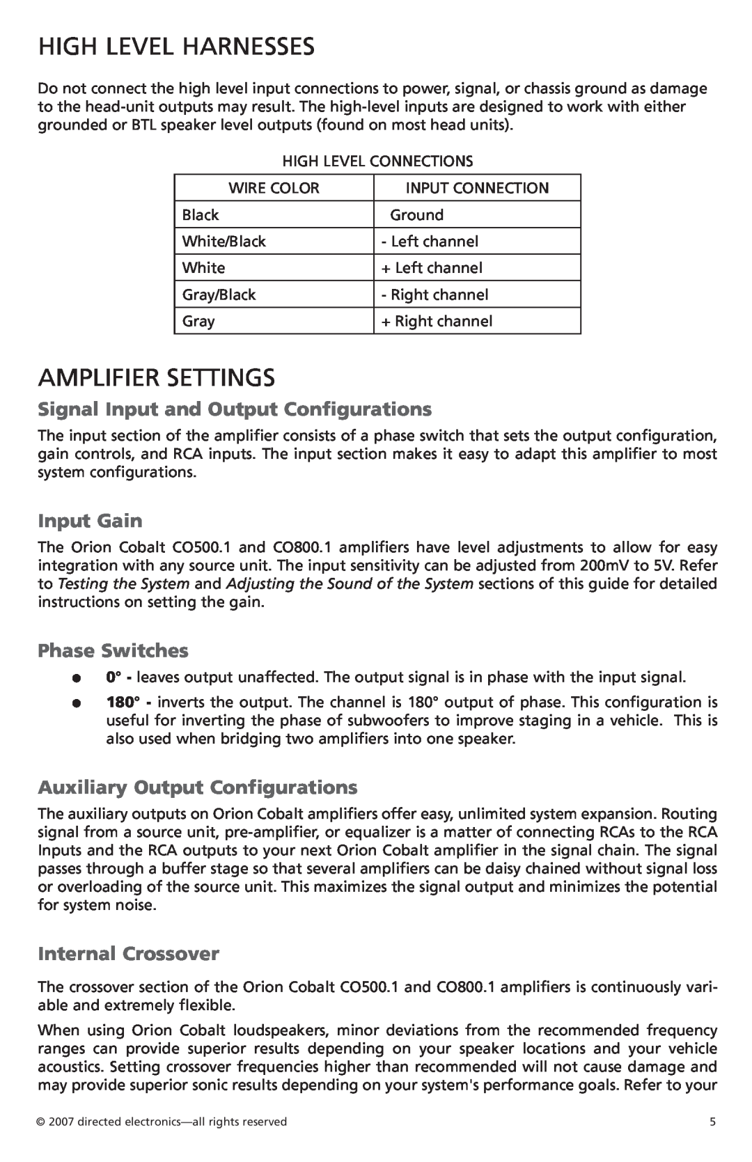 Orion Car Audio CO800.1 High Level Harnesses, Amplifier Settings, Signal Input and Output Configurations, Input Gain 