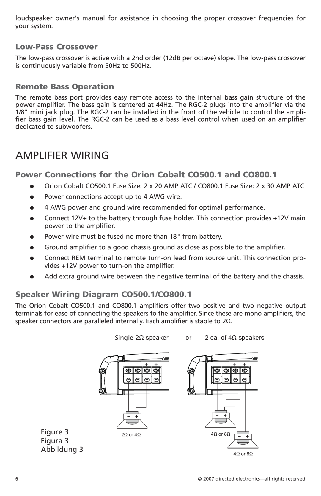 Orion Car Audio CO500.1, CO800.1 owner manual Amplifier Wiring, Low-Pass Crossover, Remote Bass Operation, Figura Abbildung 