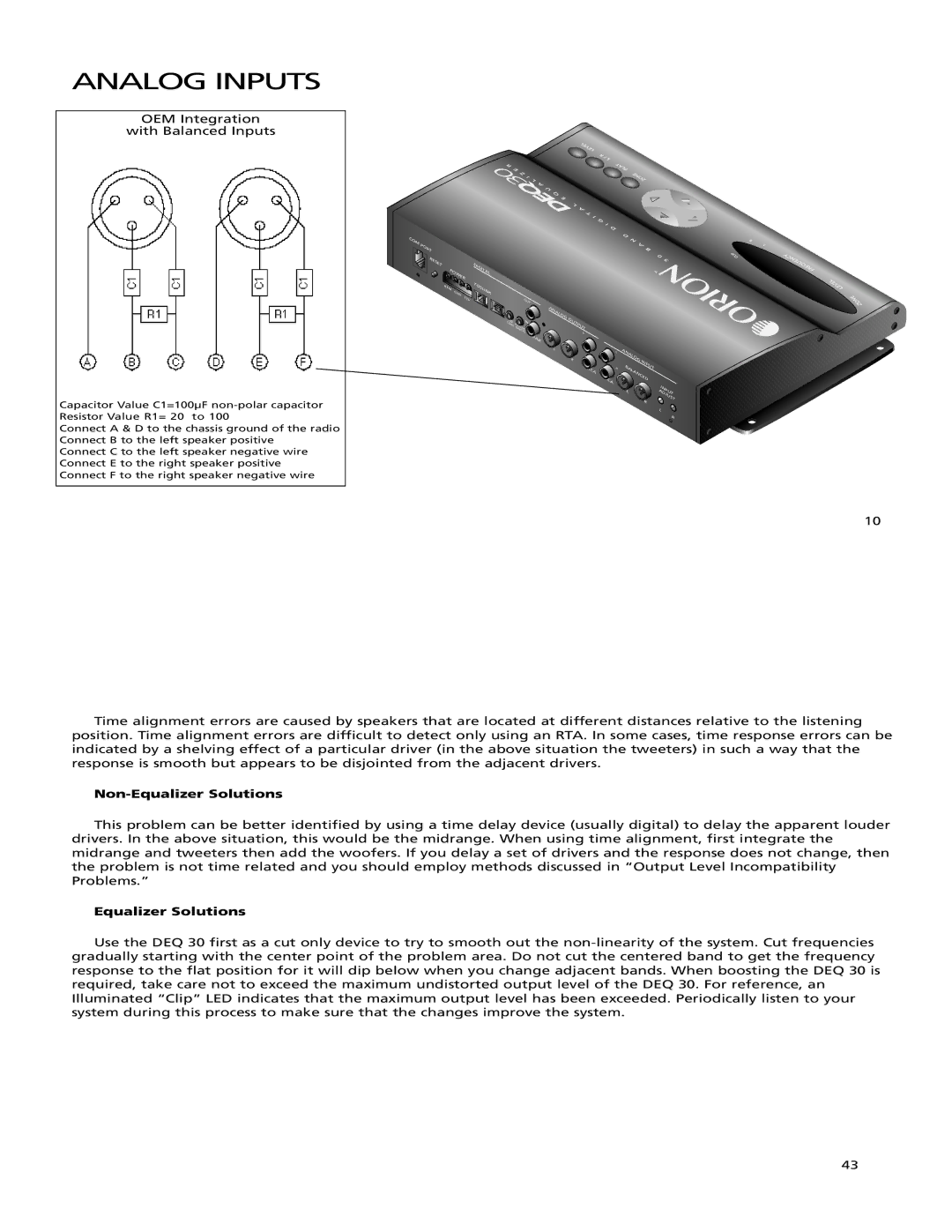 Orion Car Audio DEQ 30 manual Analog Inputs, OEM Integration With Balanced Inputs 