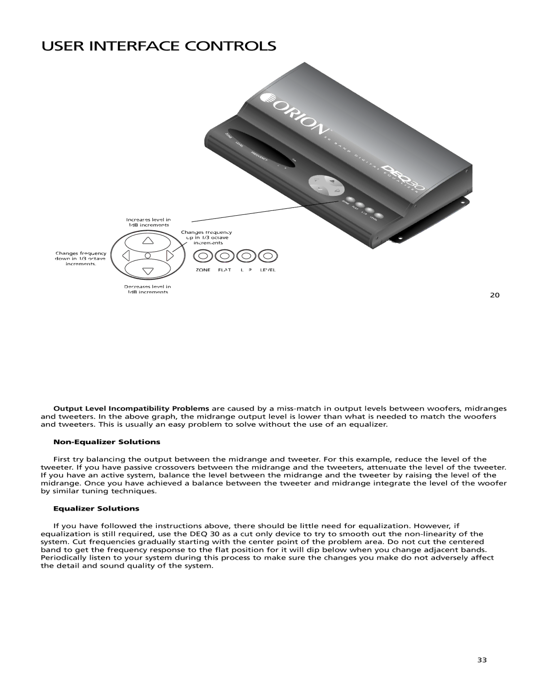 Orion Car Audio DEQ 30 manual User Interface Controls 