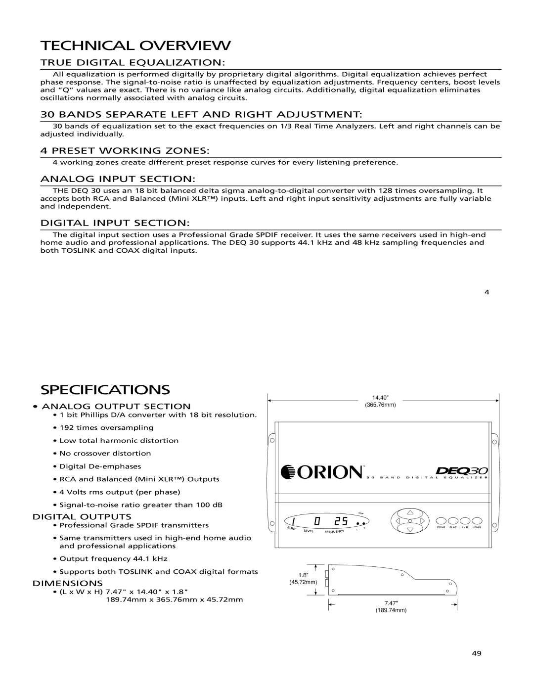 Orion Car Audio DEQ 30 manual Specifications 