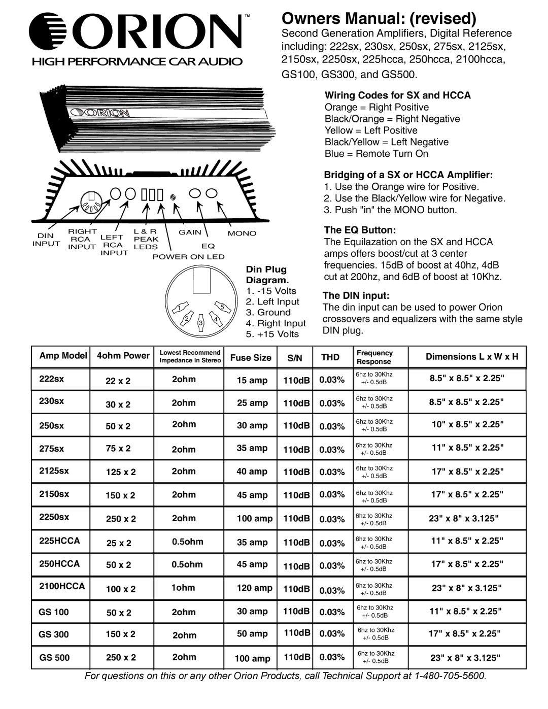 Orion Car Audio GS100 owner manual Wiring Codes for SX and Hcca, Bridging of a SX or Hcca Amplifier, EQ Button, DIN input 