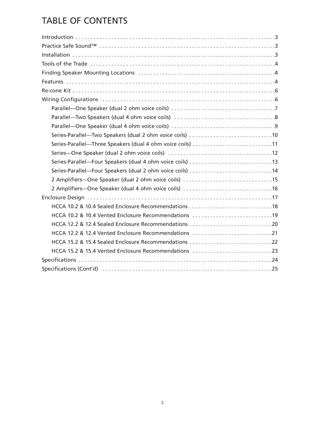 Orion Car Audio HCCA 12.2, HCCA 10.2, HCCA 15.2, HCCA 10.4, HCCA 12.04, HCCA 15.4 manual Table of Contents 