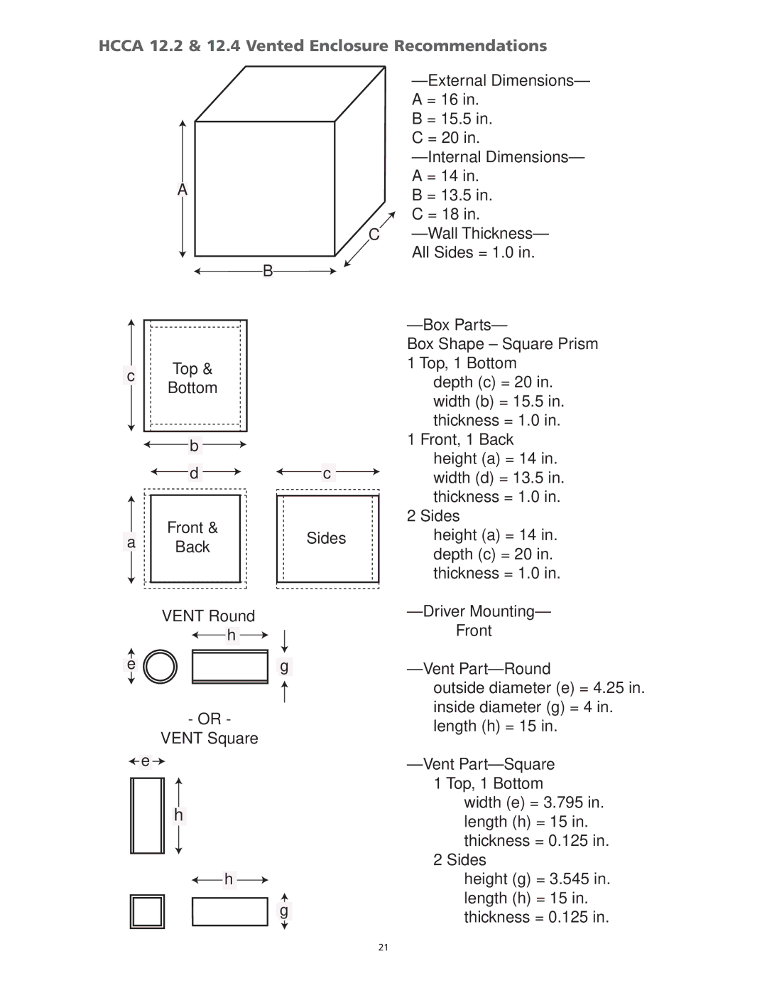 Orion Car Audio HCCA 10.4, HCCA 10.2, HCCA 15.2, HCCA 12.2, HCCA 12.04 manual Hcca 12.2 & 12.4 Vented Enclosure Recommendations 