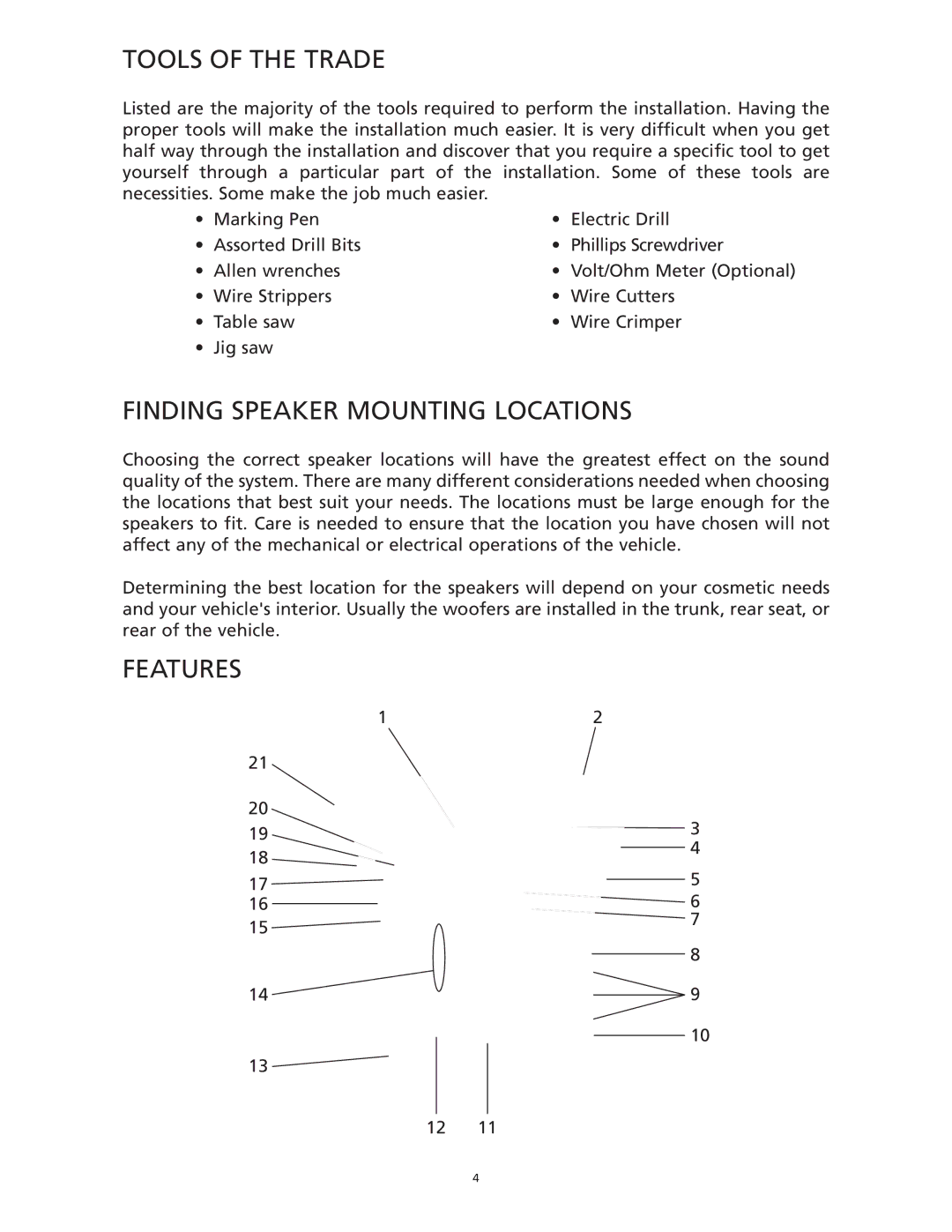 Orion Car Audio HCCA 12.04, HCCA 10.2, HCCA 15.2, HCCA 12.2 Tools of the Trade, Finding Speaker Mounting Locations, Features 