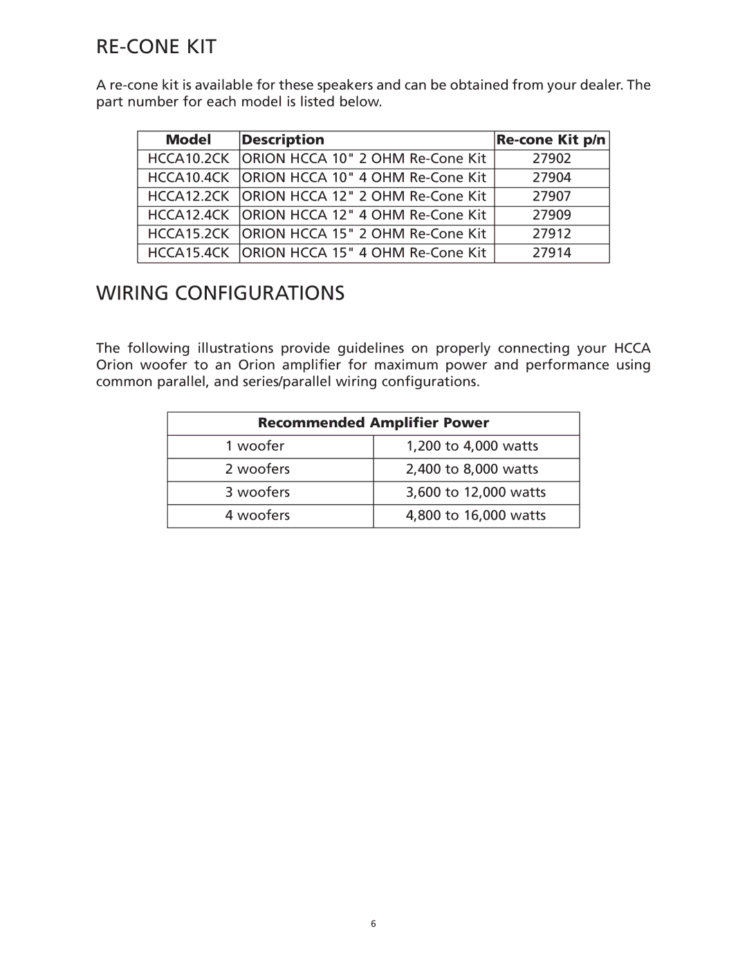 Orion Car Audio HCCA 10.2, HCCA 15.2, HCCA 12.2, HCCA 10.4, HCCA 12.04, HCCA 15.4 manual Re-Cone Kit, Wiring Configurations 