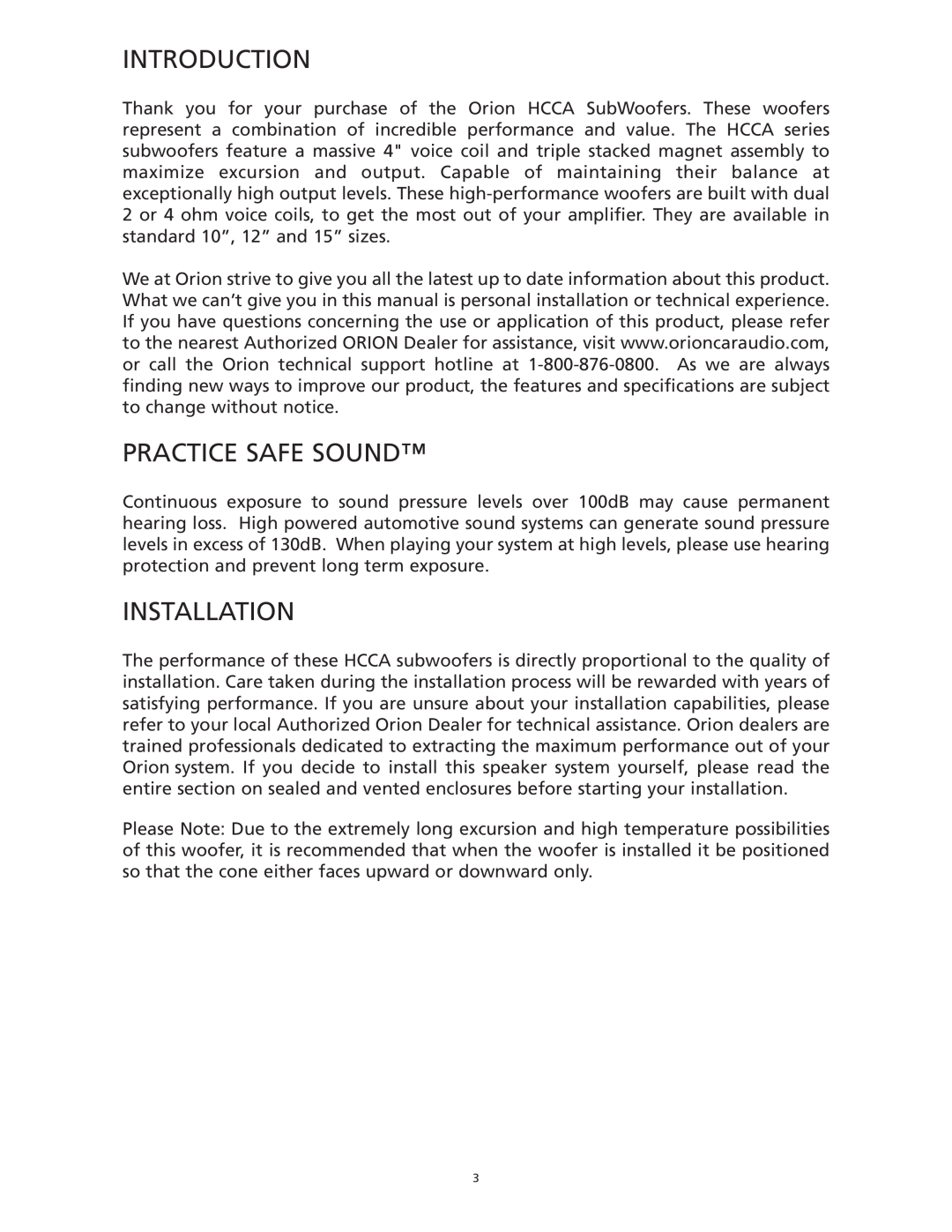 Orion Car Audio HCCA 10.4, HCCA 10.2, HCCA 15.2, HCCA 12.2, HCCA 12.04 manual Introduction, Practice Safe Sound, Installation 